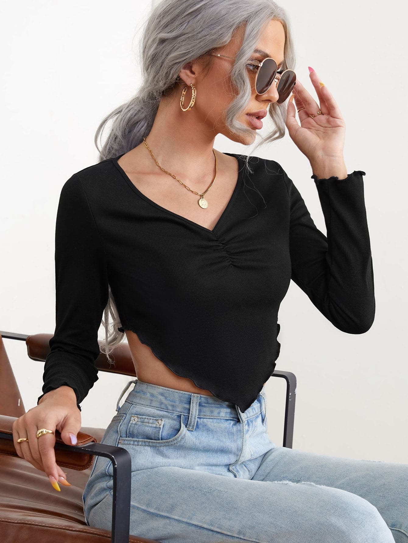 Black V-Neck Lettuce Trim Hanky Hem Crop Tee Top