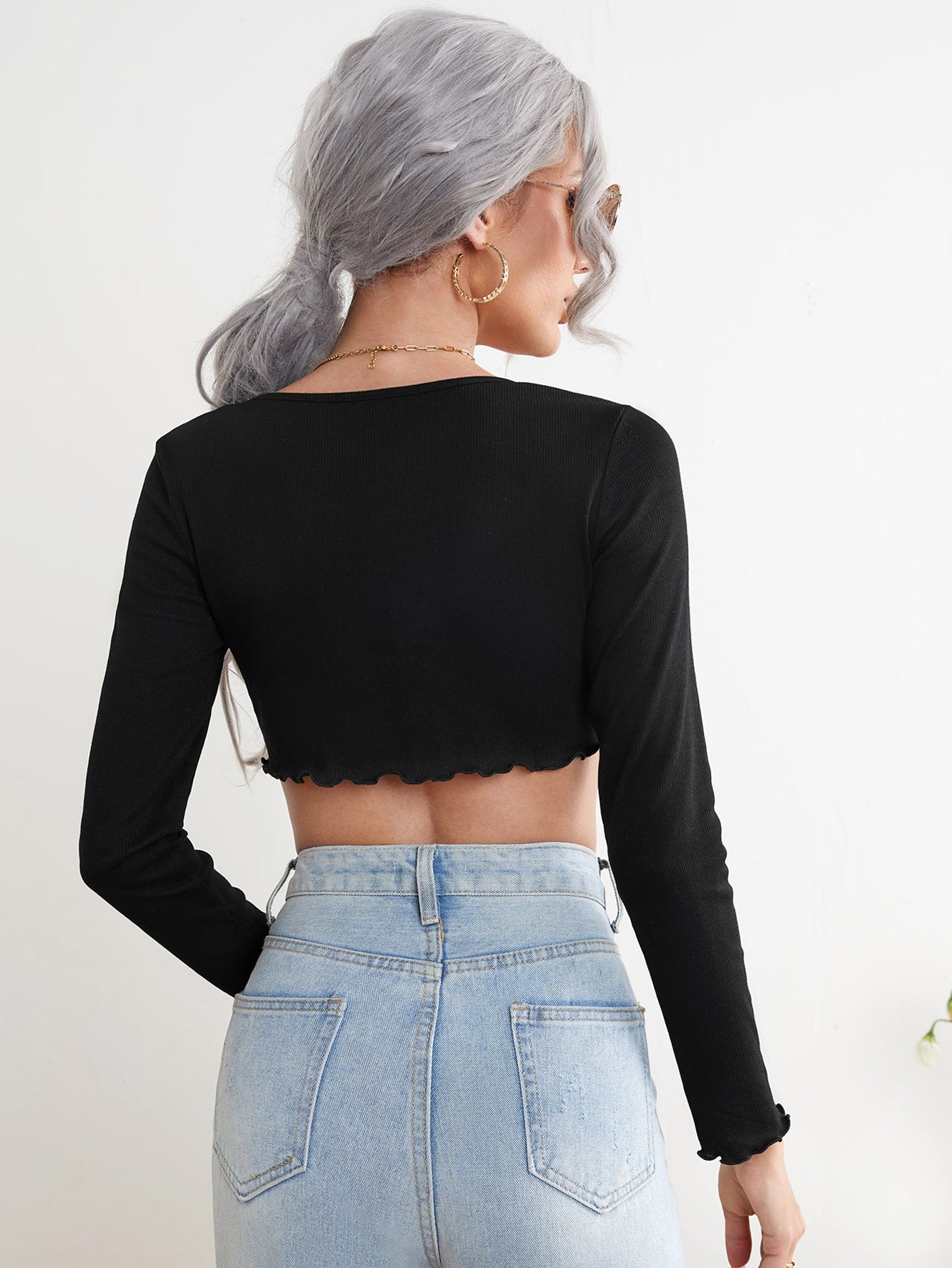 Black V-Neck Lettuce Trim Hanky Hem Crop Tee Top