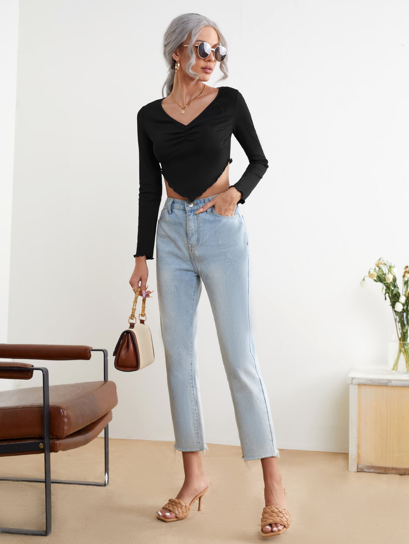Black V-Neck Lettuce Trim Hanky Hem Crop Tee Top