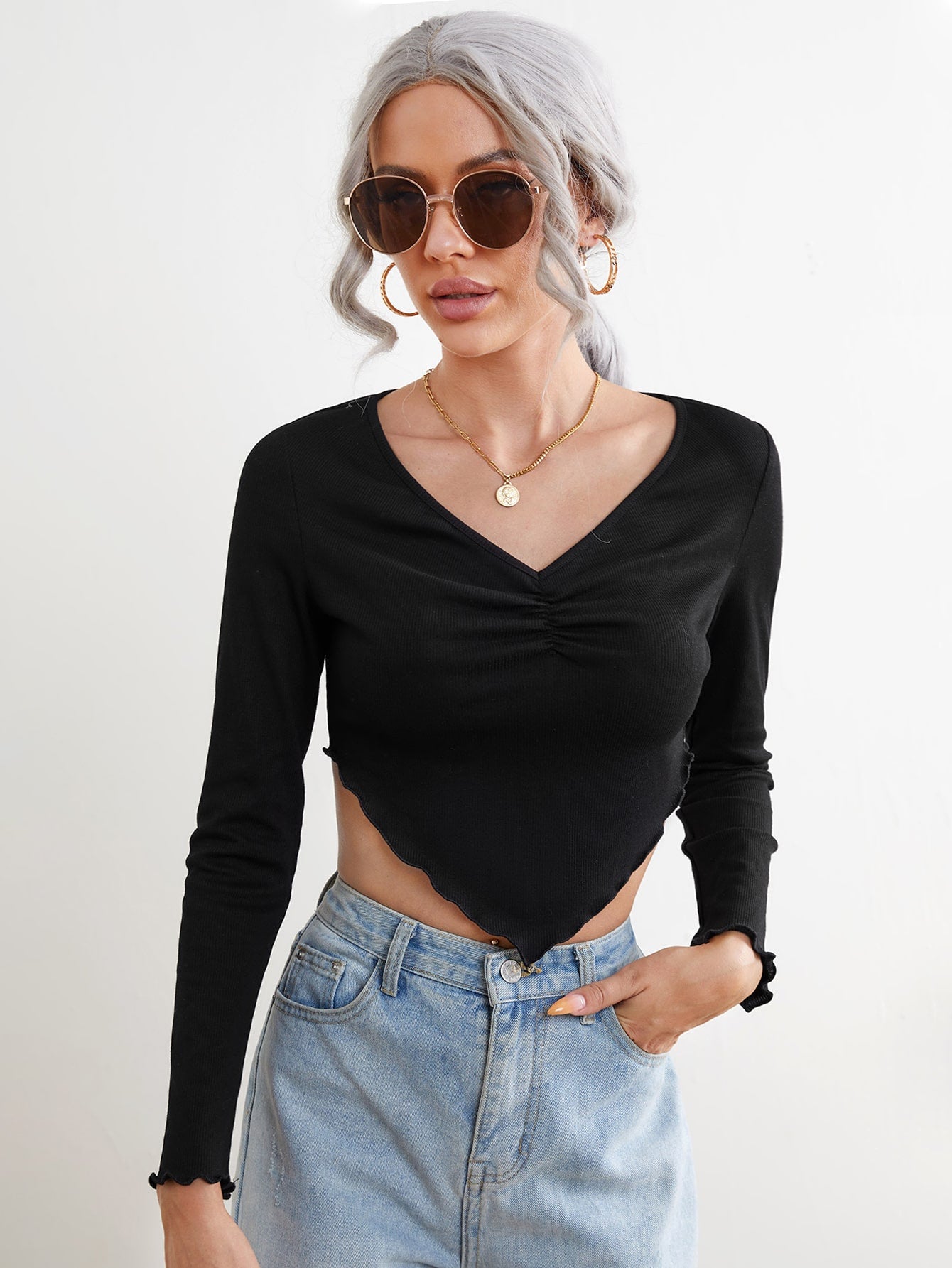 Black V-Neck Lettuce Trim Hanky Hem Crop Tee Top