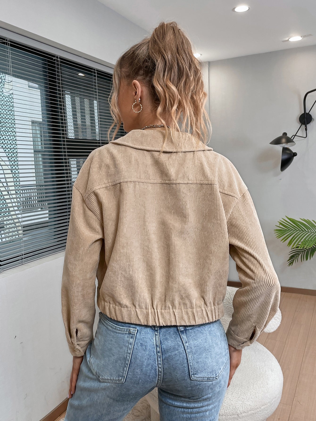 Solid Button Up Single Breasted Corduroy Jacket
