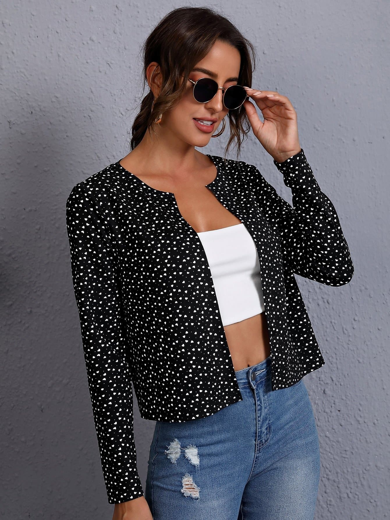 Black White Confetti Heart Print Open Front Jacket