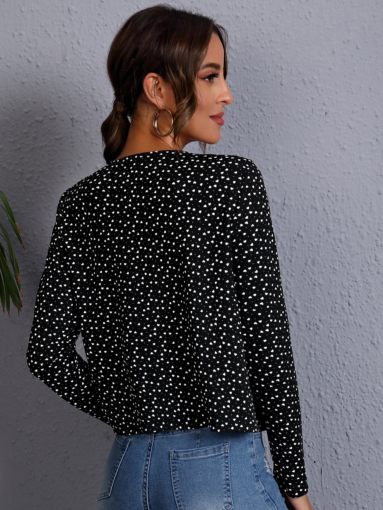 Black White Confetti Heart Print Open Front Jacket