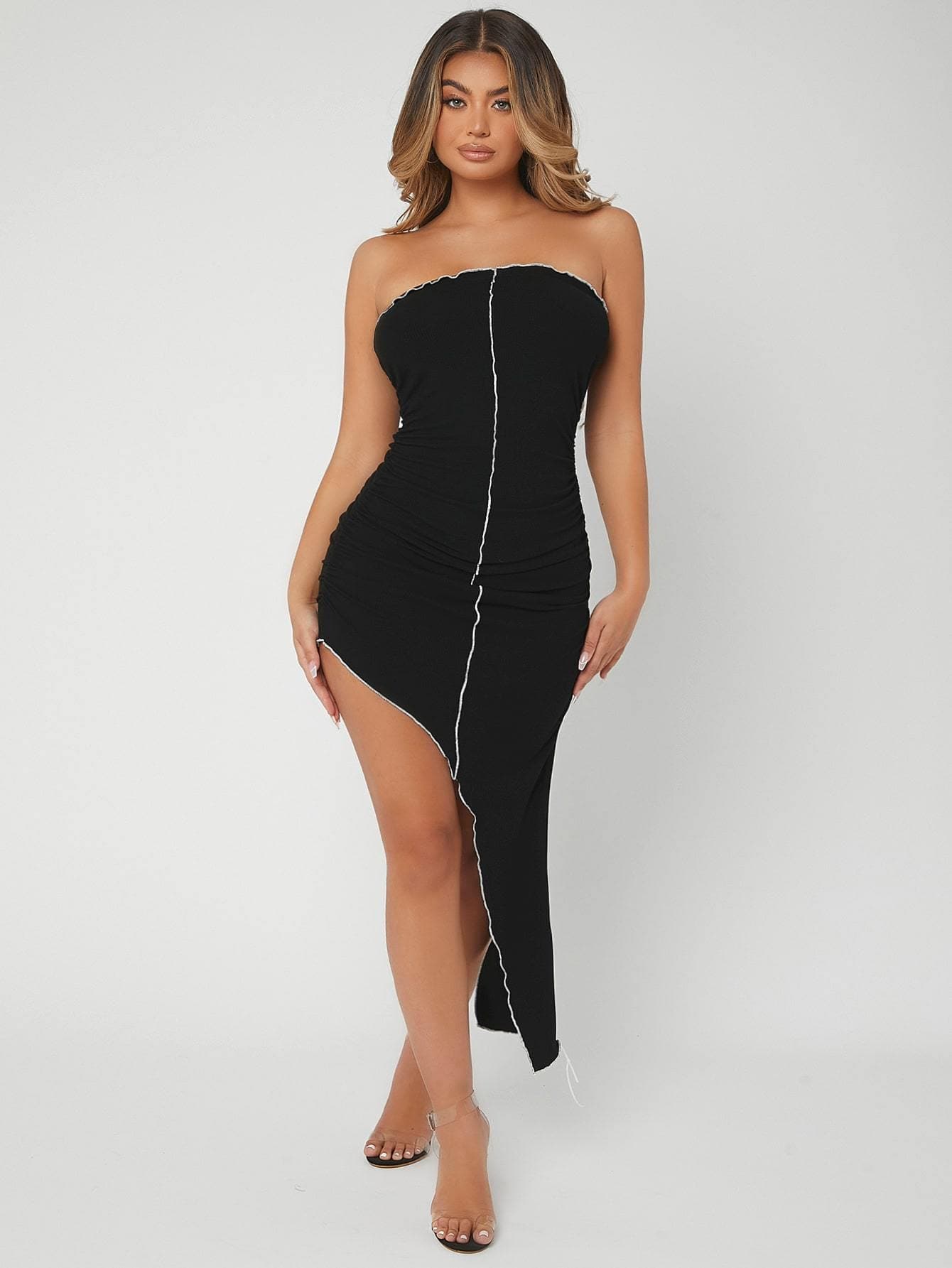 Black Strapless Stitch Trim Asymmetrical Hem Sleeveless Slim Fit Dress