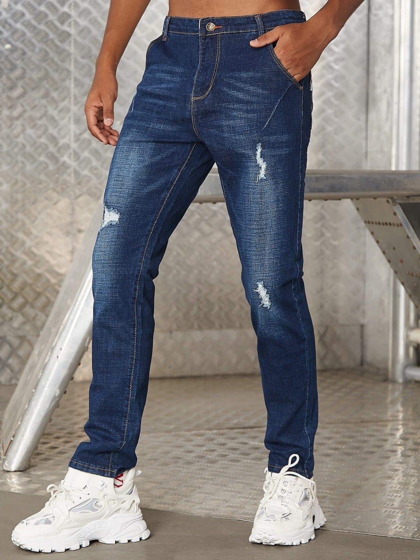 Blue High Waist Washed Ripped Jeans