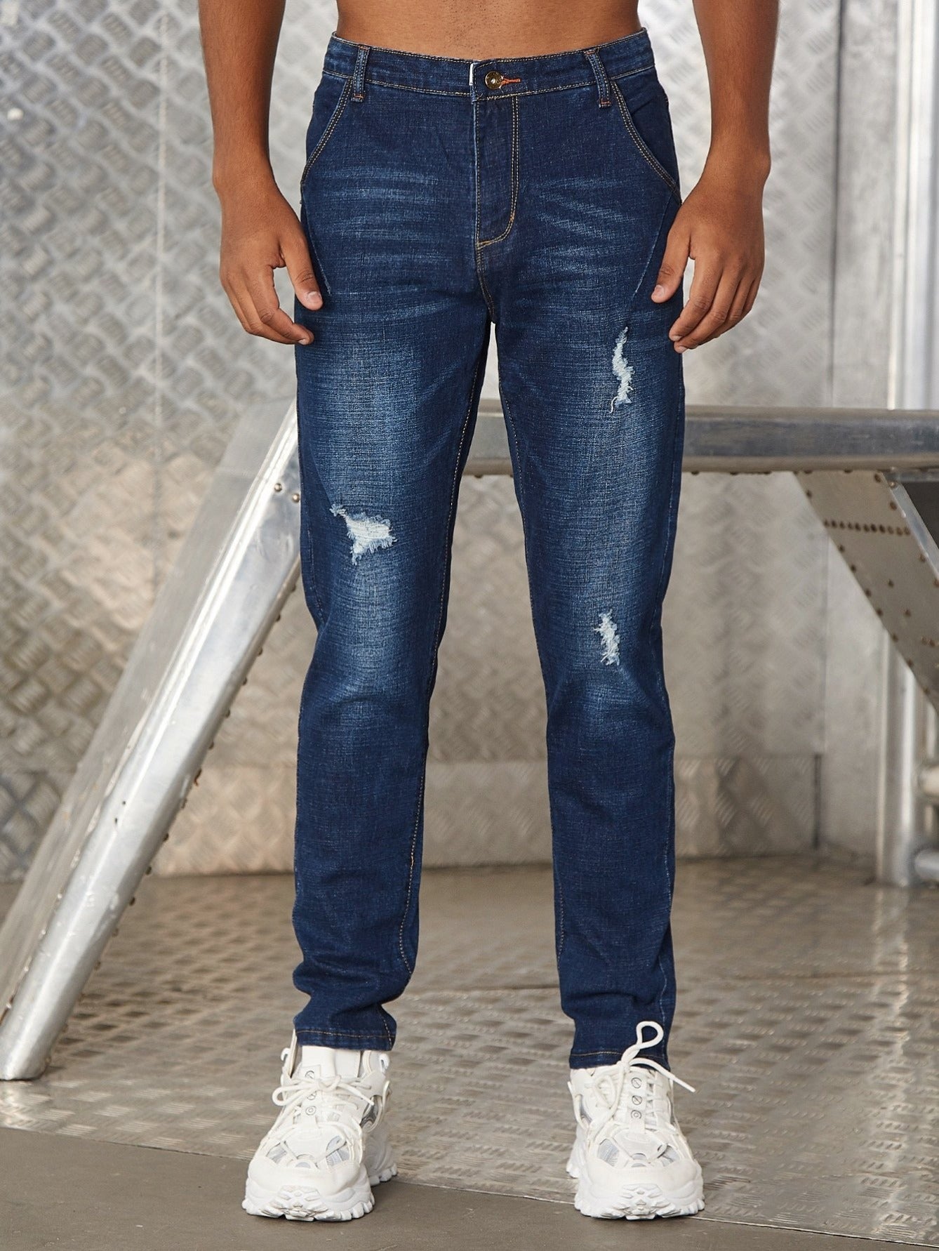 Blue High Waist Washed Ripped Jeans