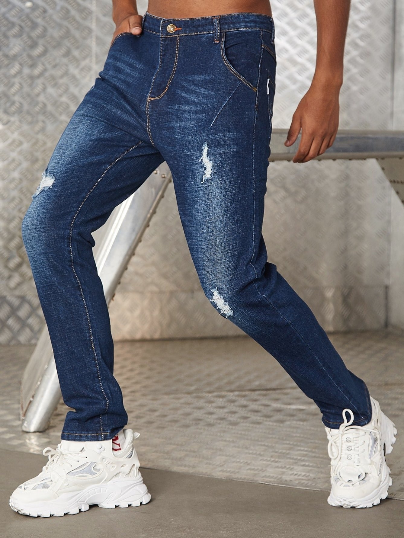 Blue High Waist Washed Ripped Jeans