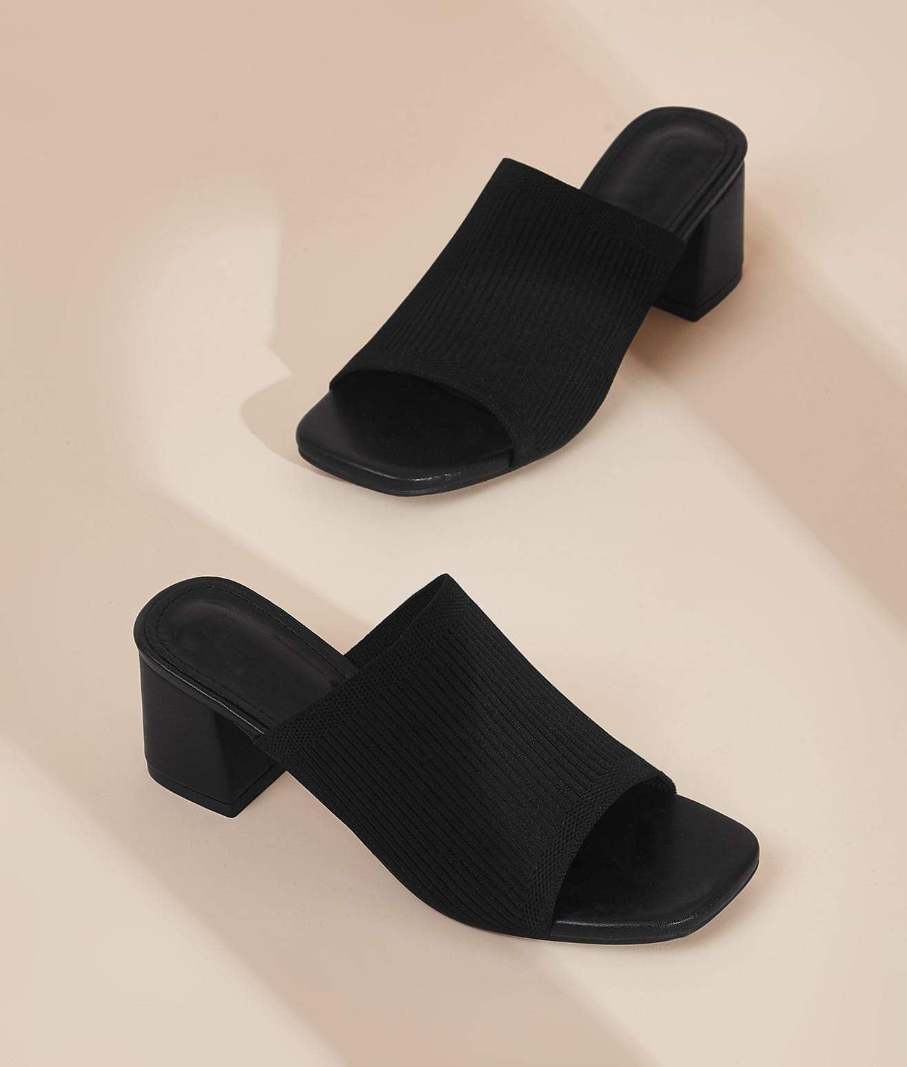 PU Leather Knit Chunky Heeled Mules