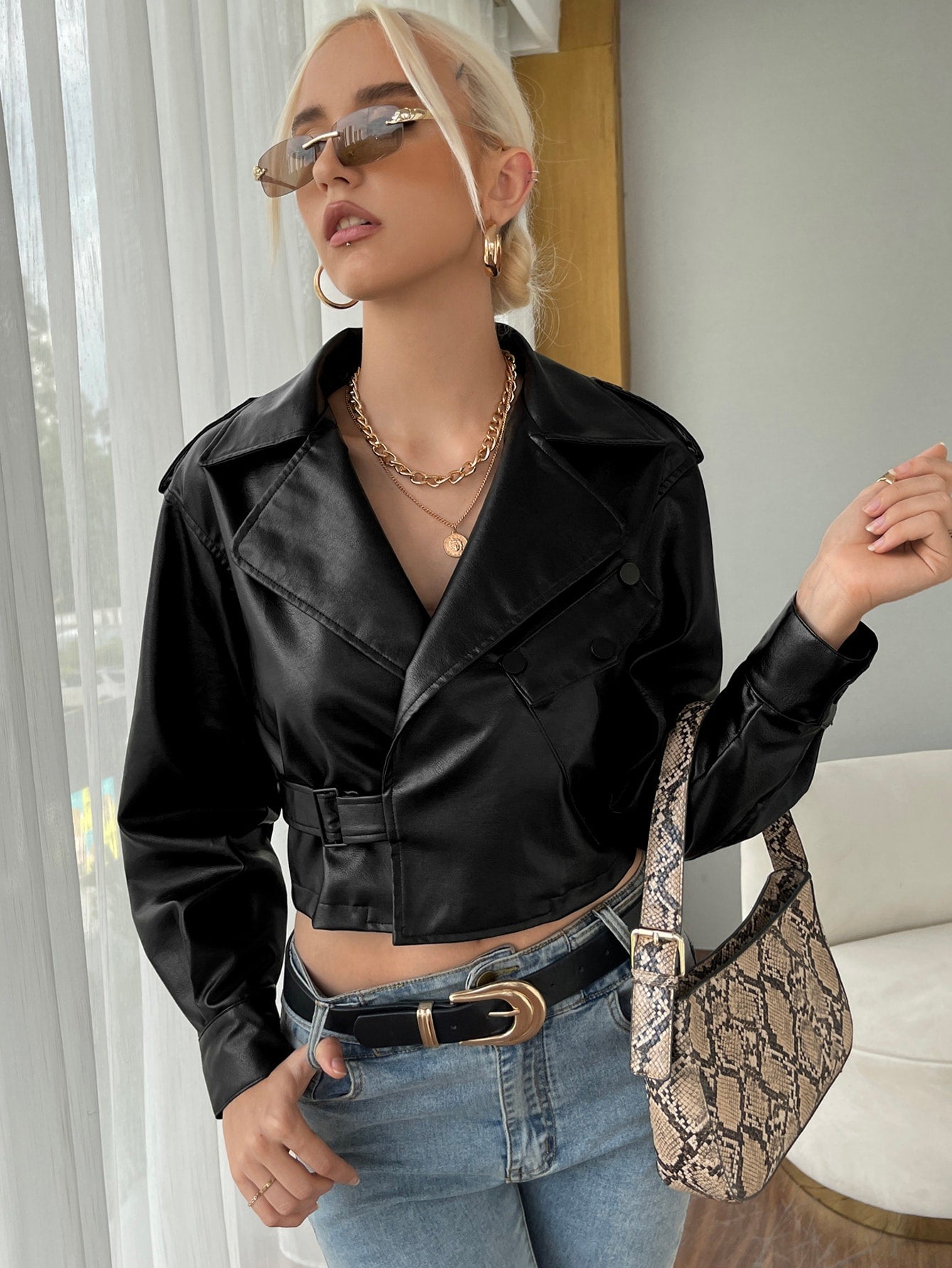 Black Solid Flap Pocket Front PU Leather Biker Jacket