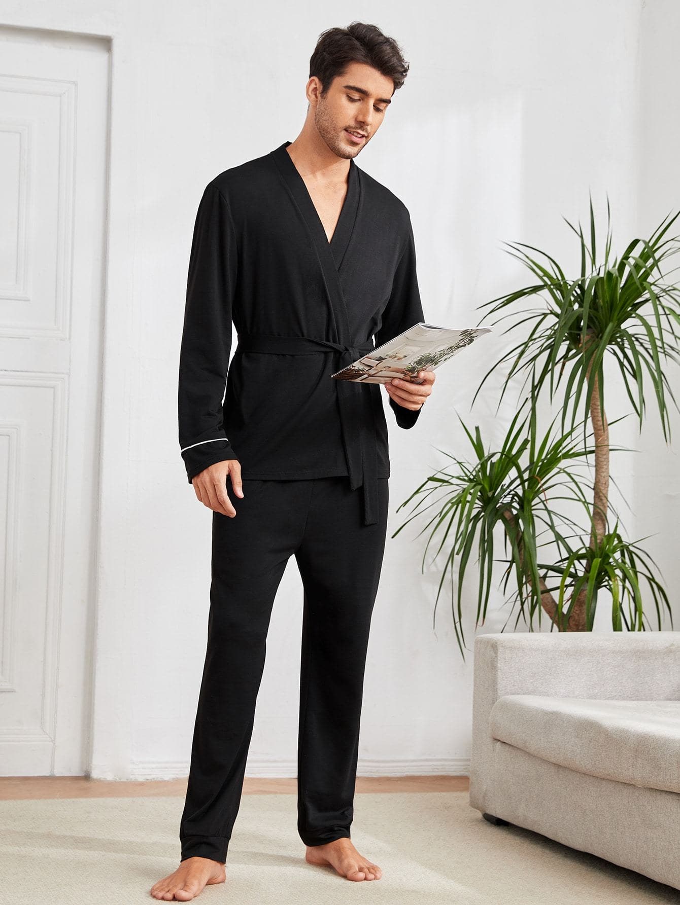 Black Contrast Binding Belted Lounge Sleepwear Set
