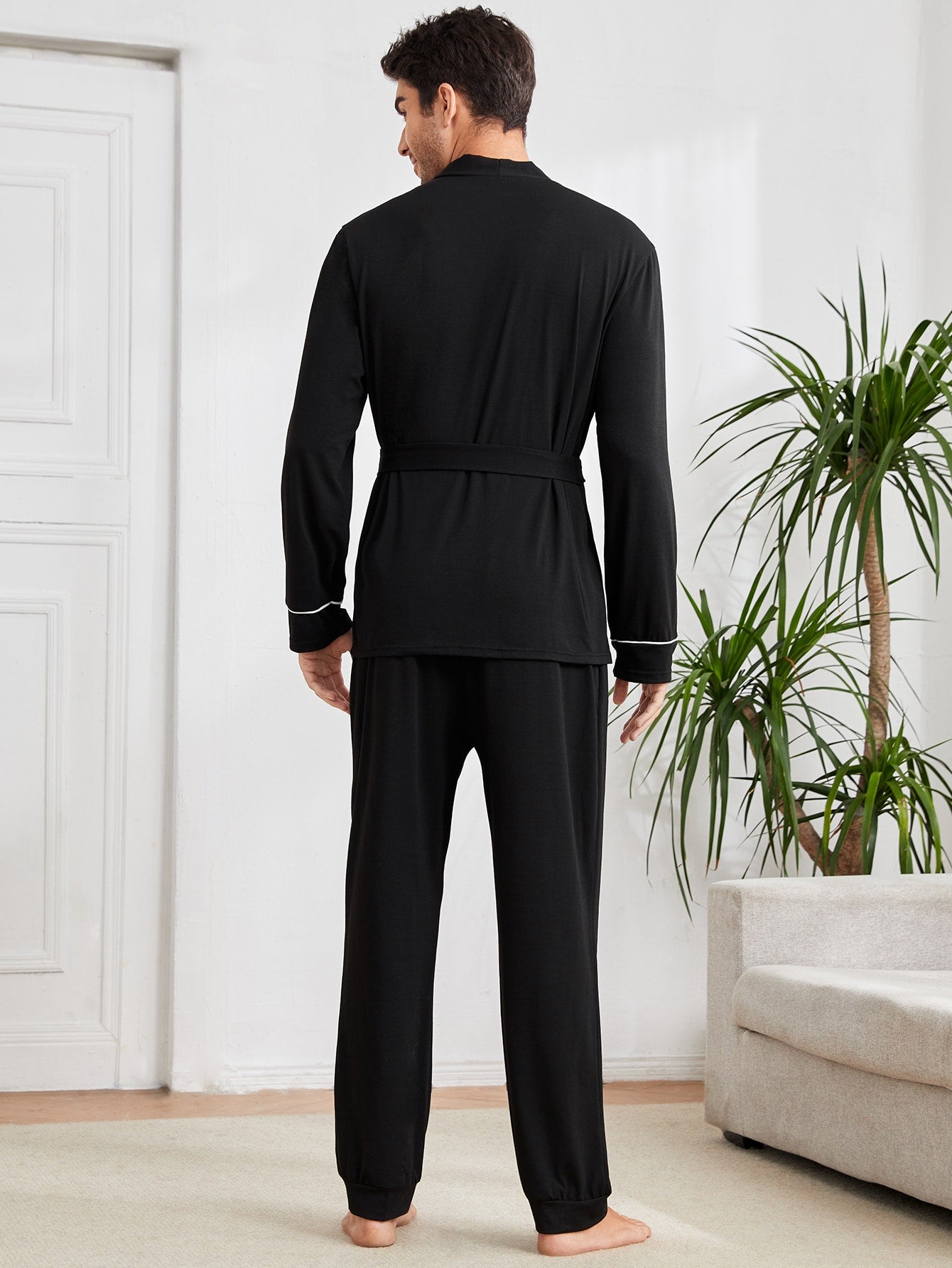 Black Contrast Binding Belted Lounge Sleepwear Set