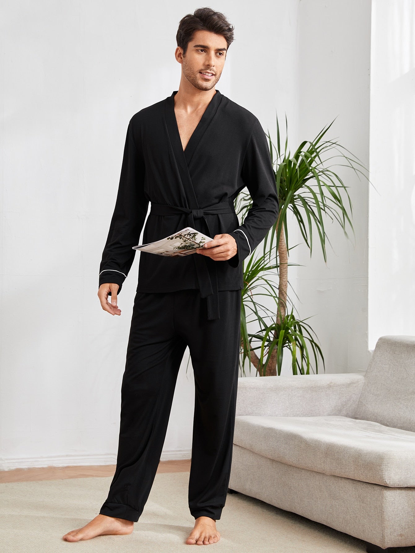 Black Contrast Binding Belted Lounge Sleepwear Set