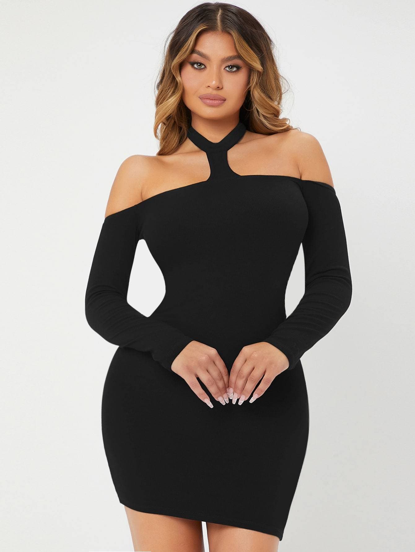 Black Backless Cold Shoulder Sim Fit Dress