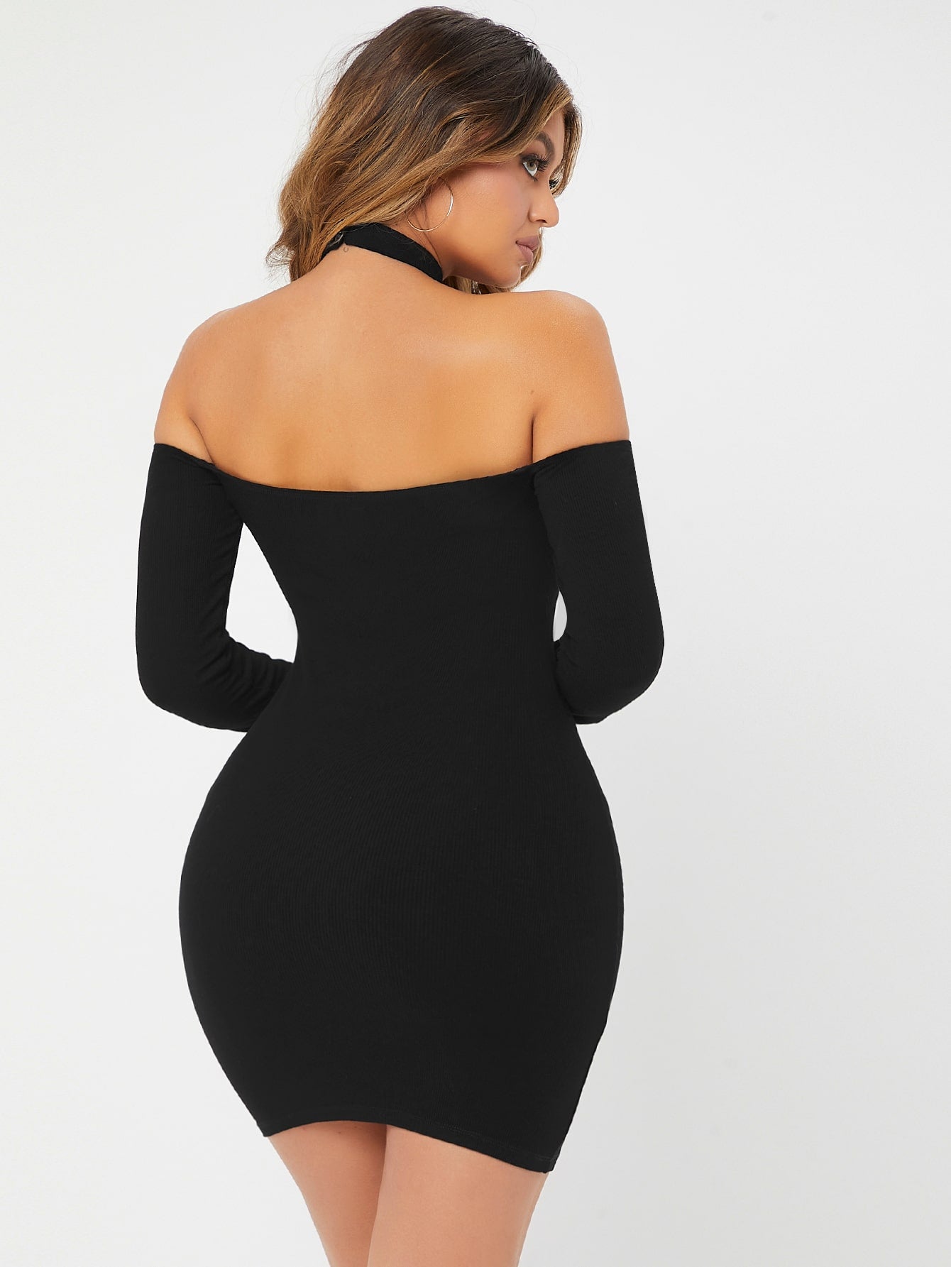 Black Backless Cold Shoulder Sim Fit Dress