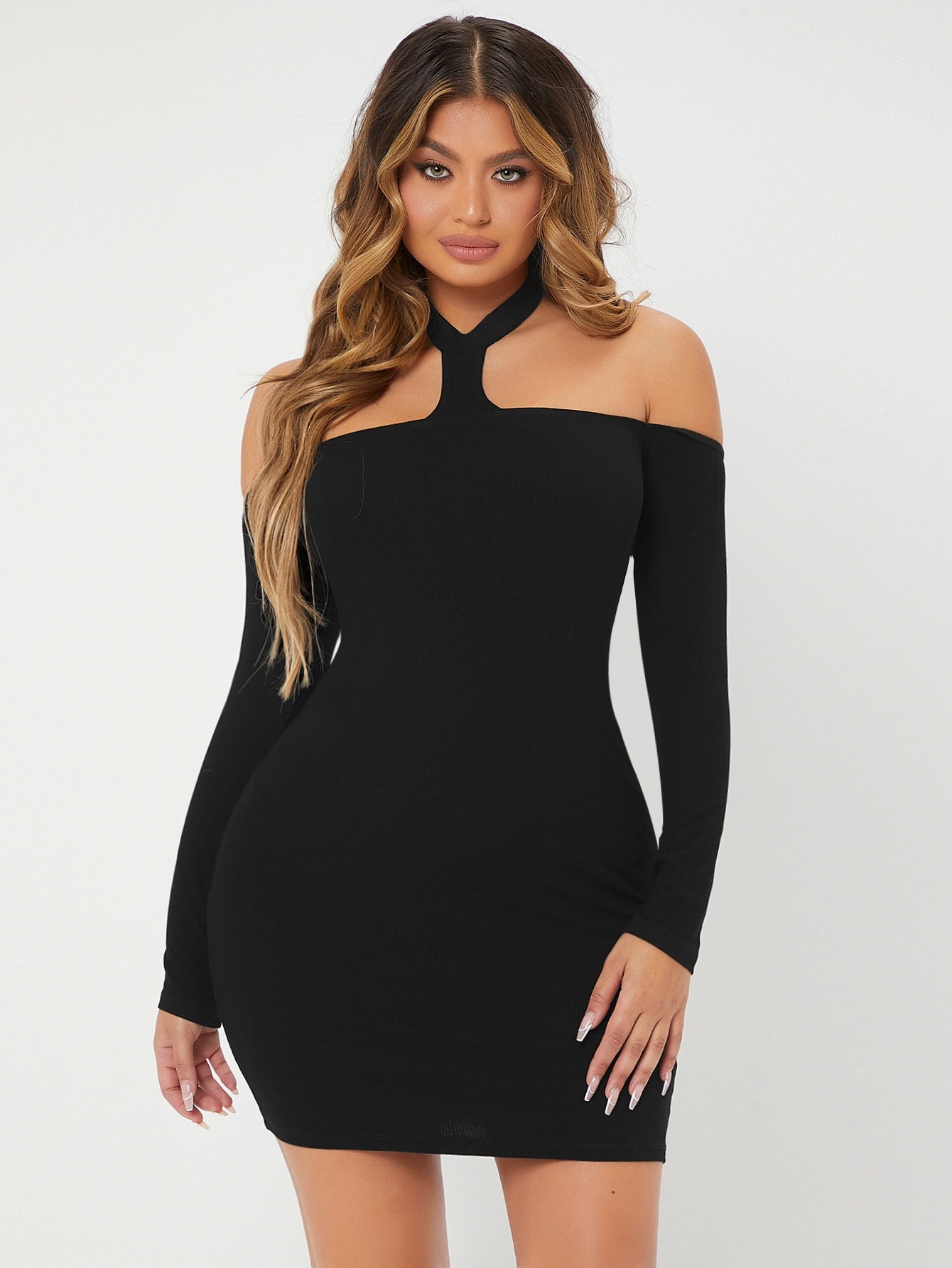 Black Backless Cold Shoulder Sim Fit Dress