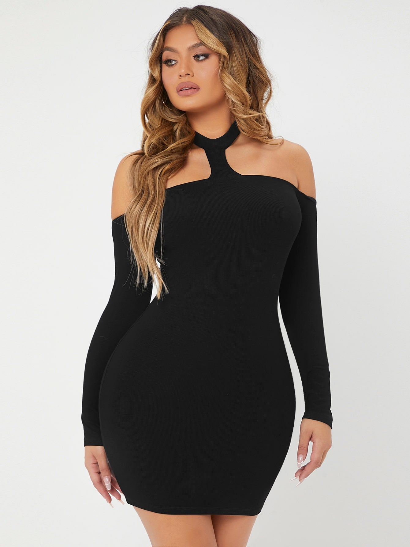 Black Backless Cold Shoulder Sim Fit Dress