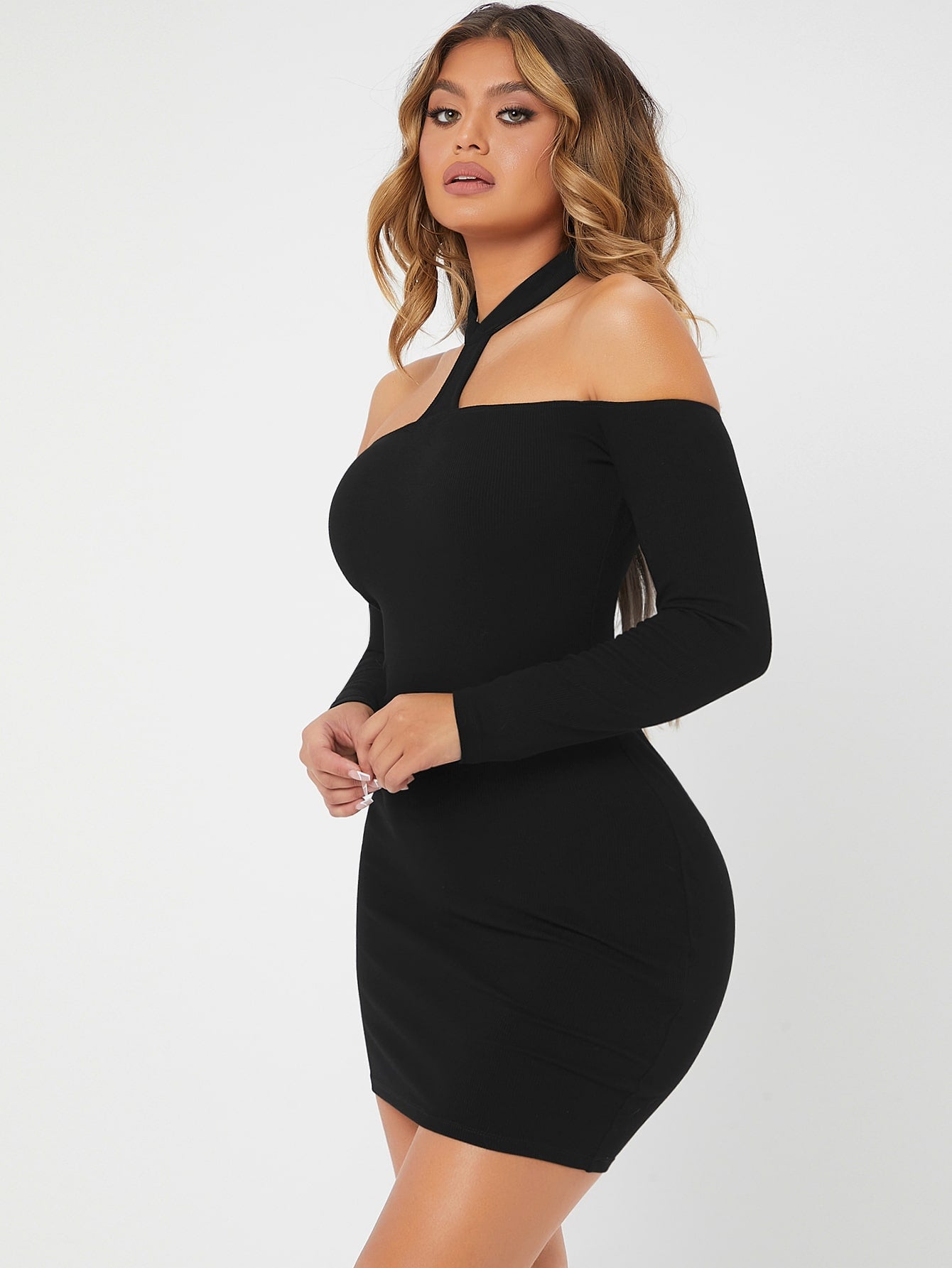 Black Backless Cold Shoulder Sim Fit Dress