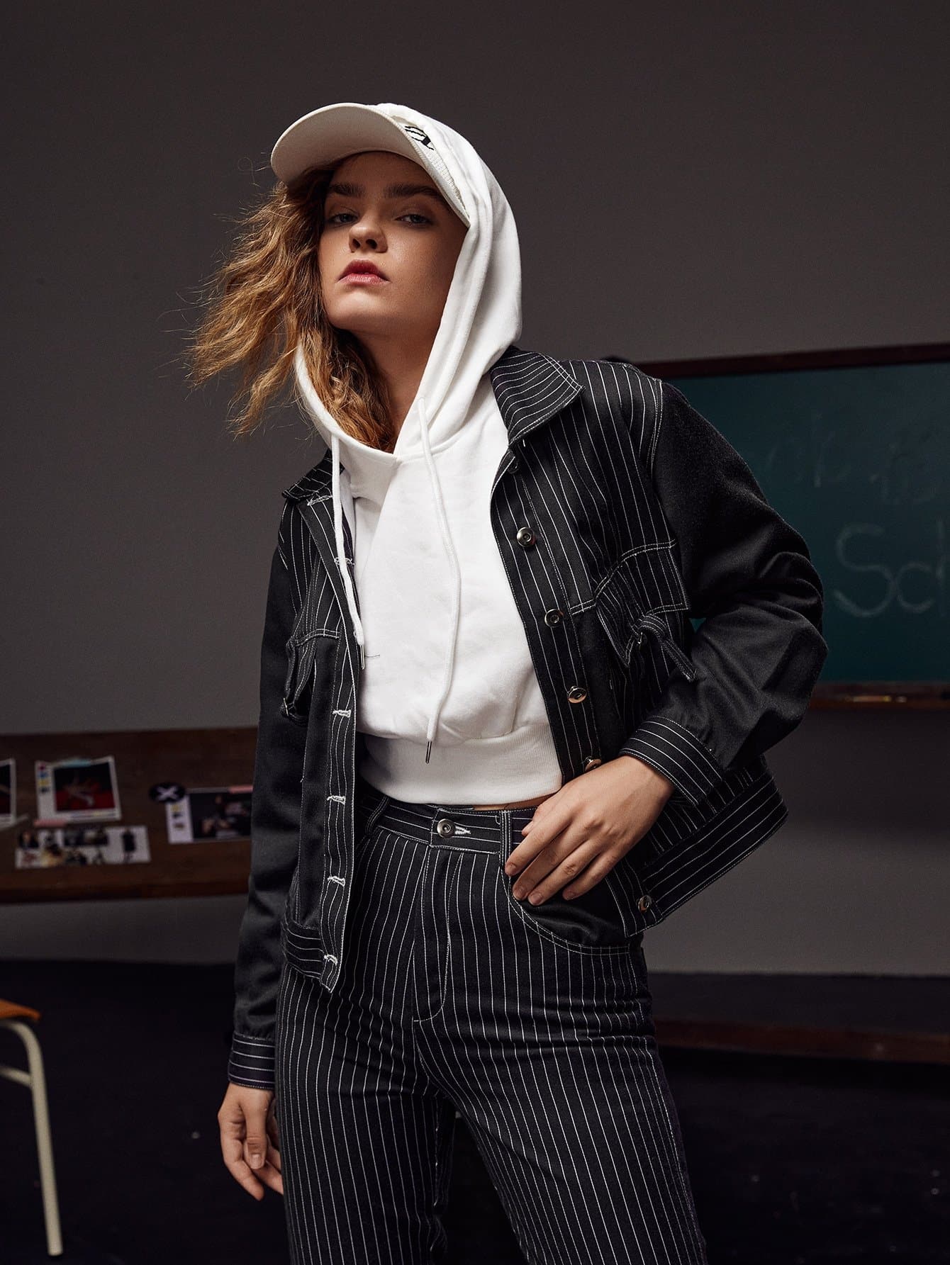 Black Striped Flap Detail Button Front Jacket