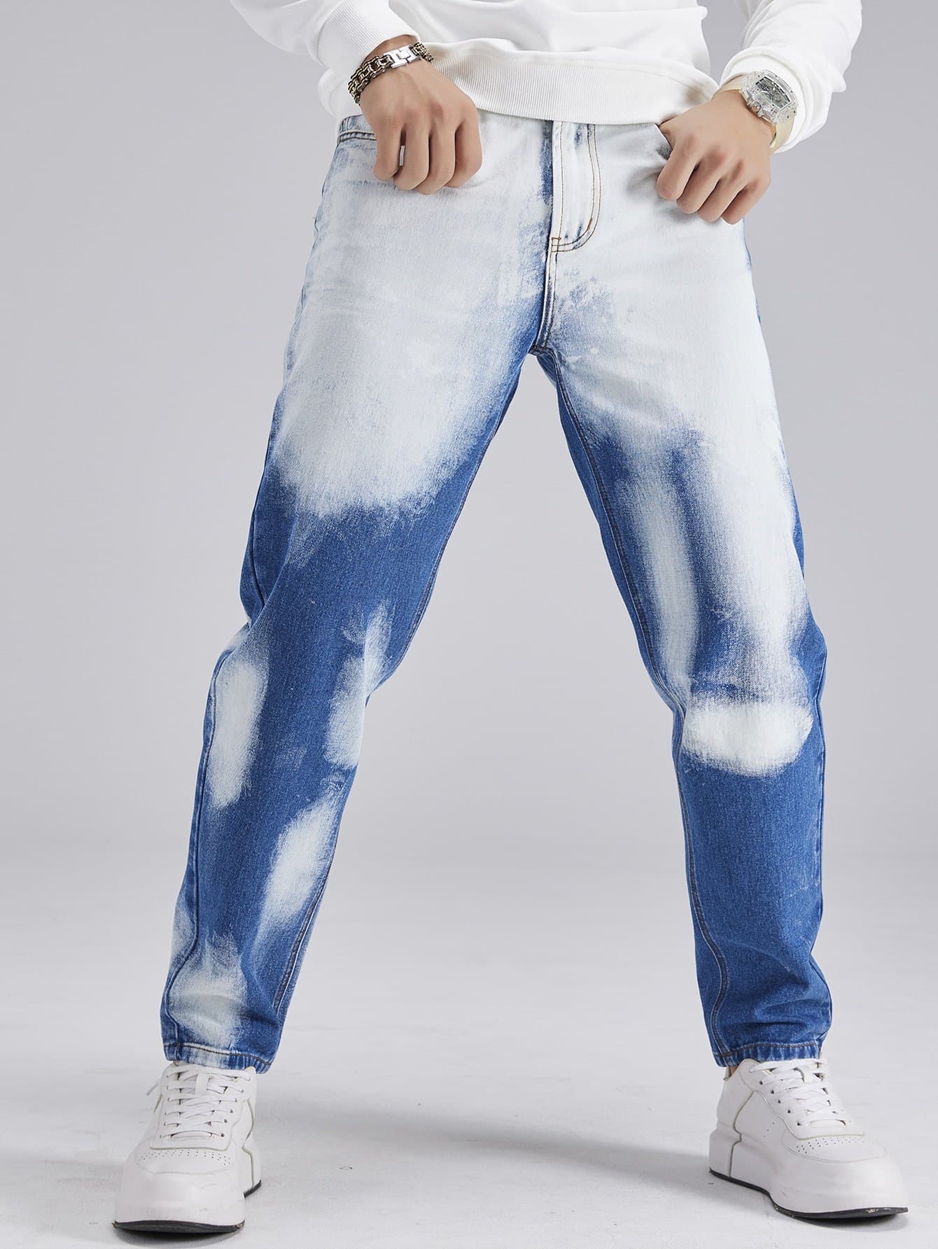 Blue White Straight Leg High Waist Tie Dye Jeans