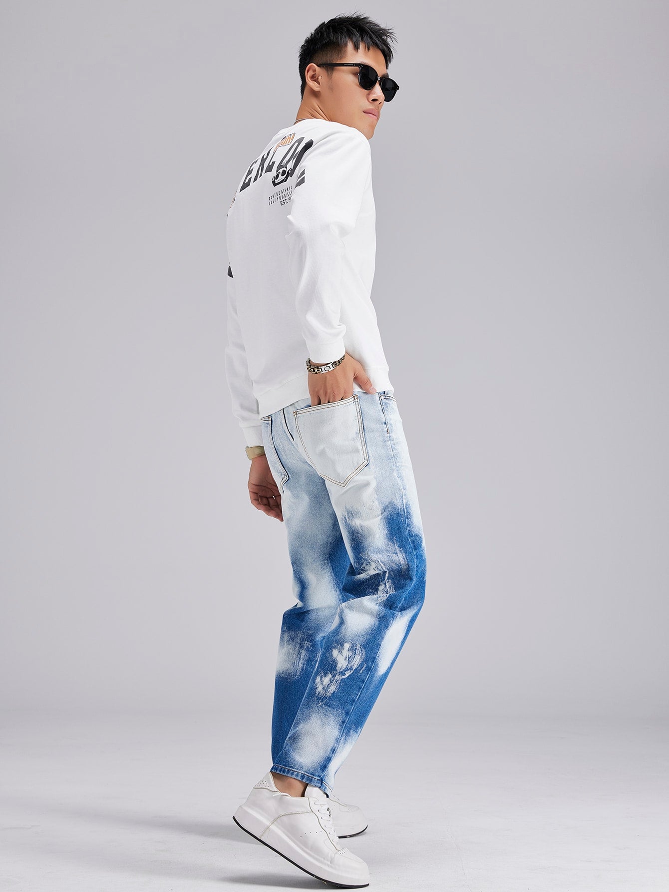Blue White Straight Leg High Waist Tie Dye Jeans