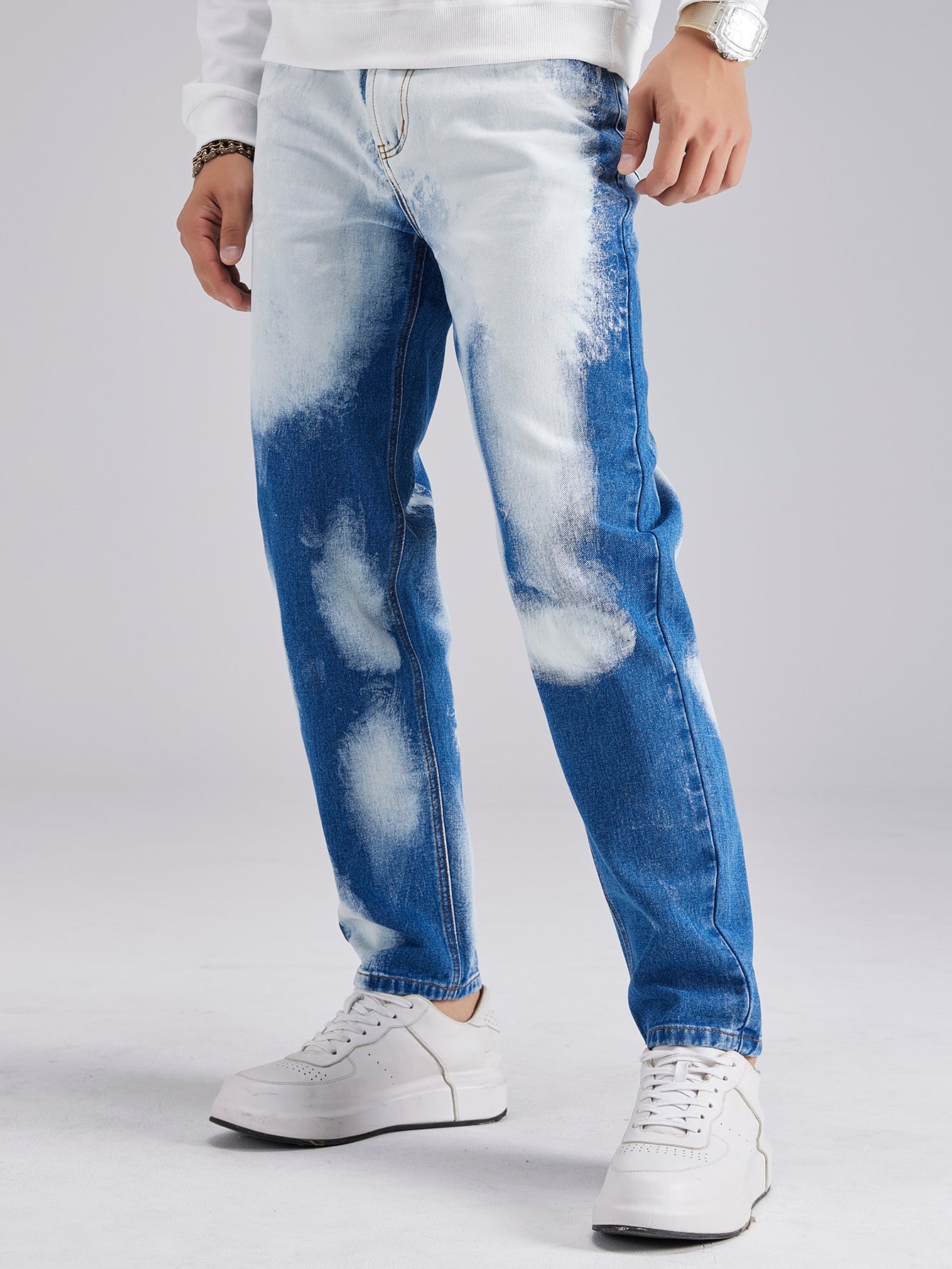 Blue White Straight Leg High Waist Tie Dye Jeans