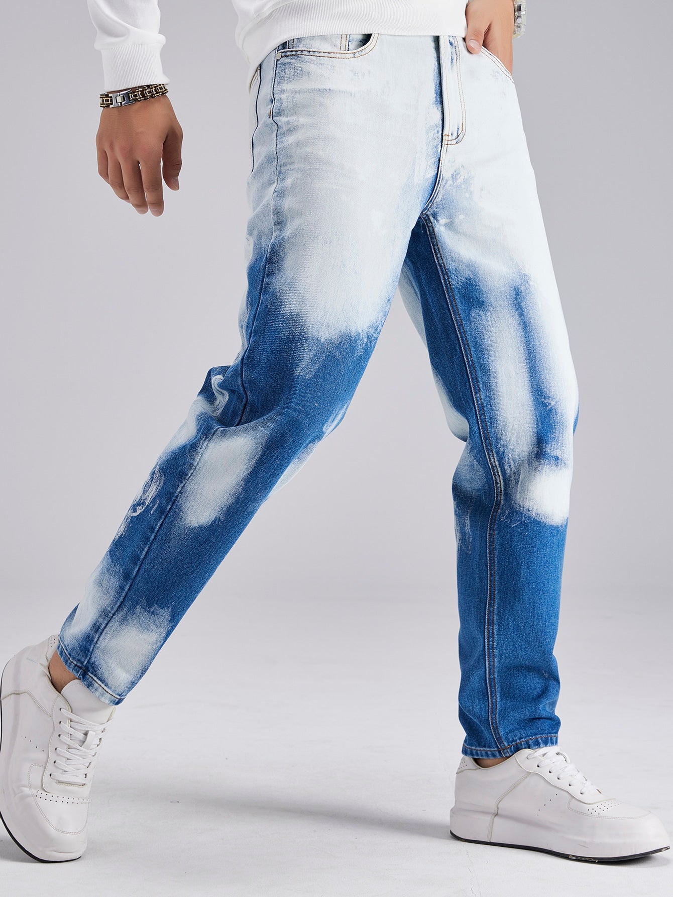 Blue White Straight Leg High Waist Tie Dye Jeans