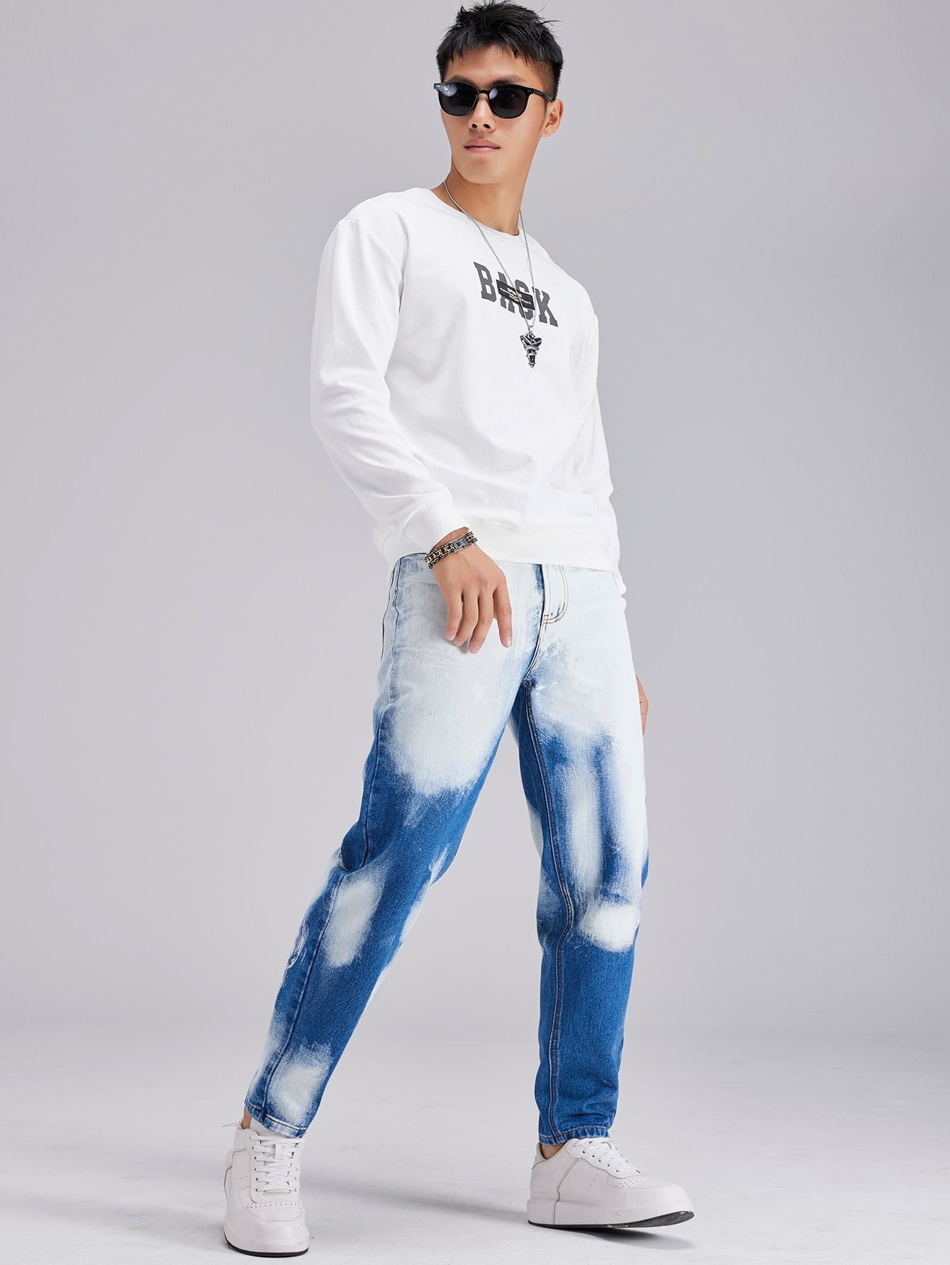 Blue White Straight Leg High Waist Tie Dye Jeans