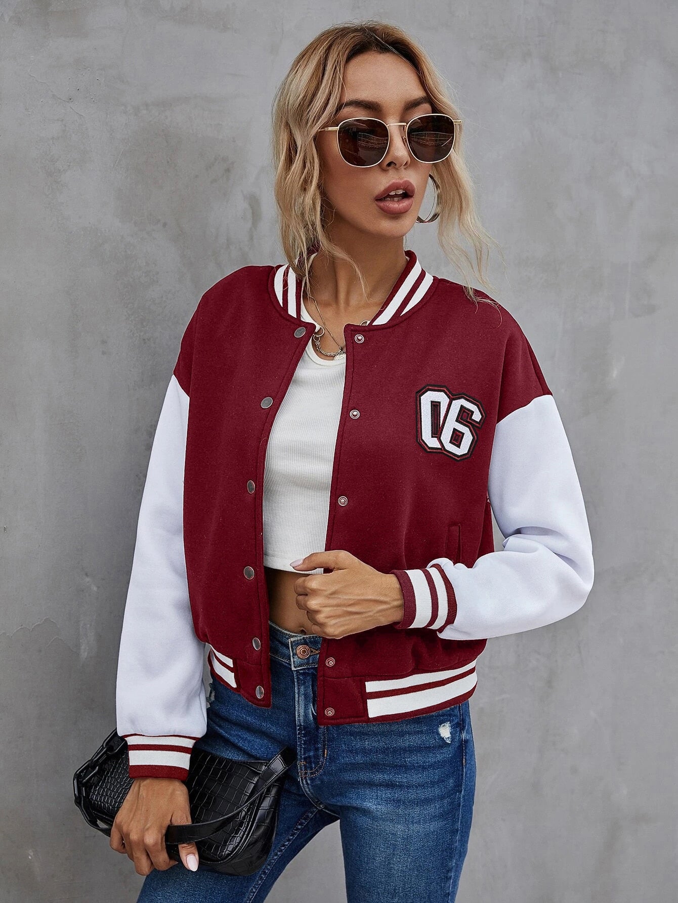 Single Breasted Number Patched Colour Block Drop Shoulder Bomber Jacket