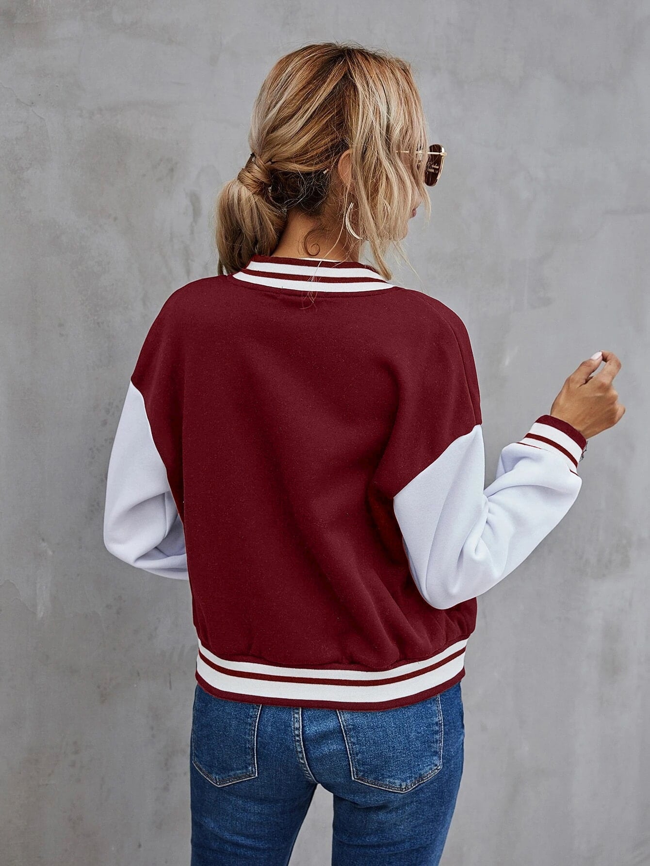 Single Breasted Number Patched Colour Block Drop Shoulder Bomber Jacket