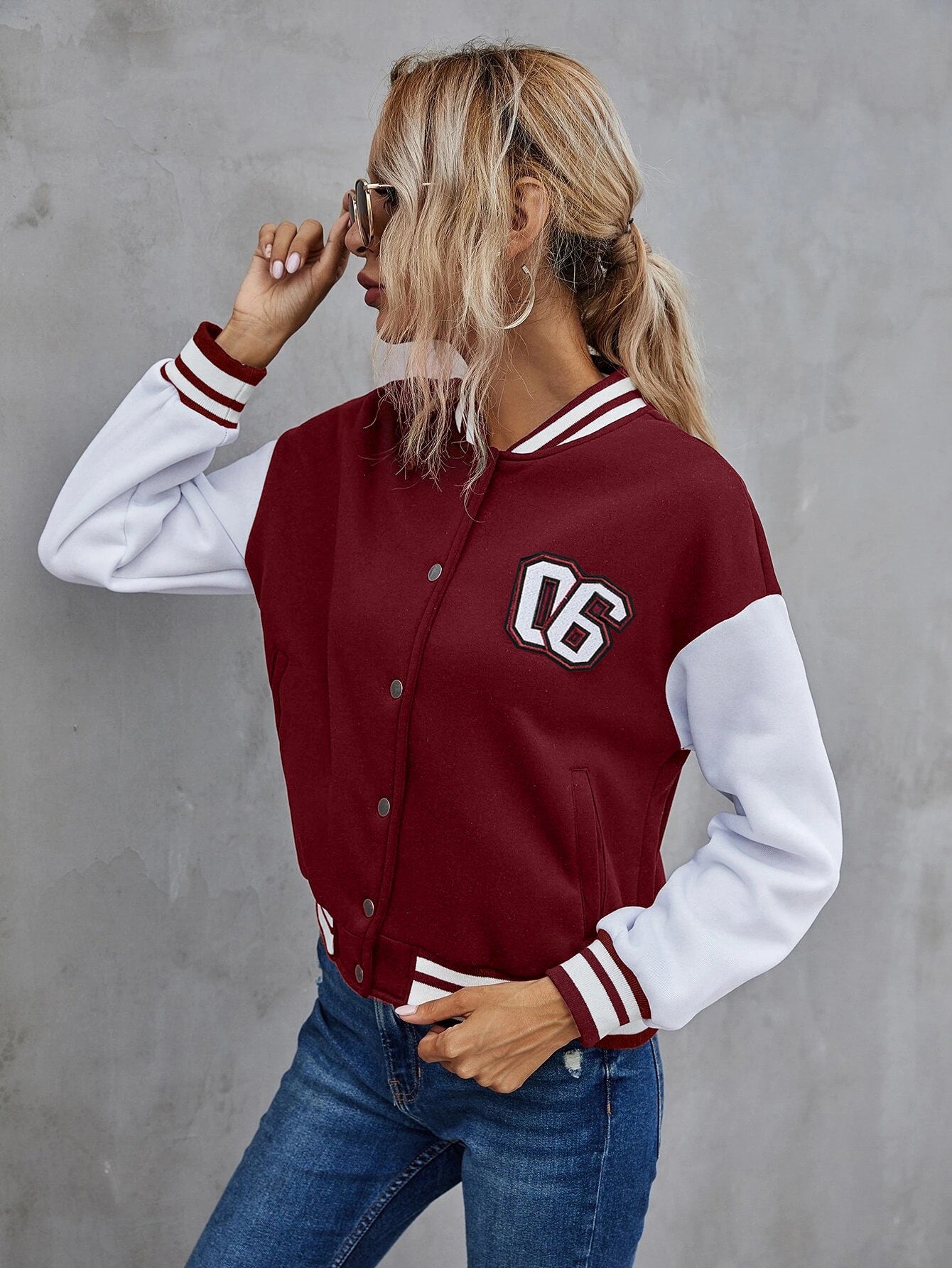 Single Breasted Number Patched Colour Block Drop Shoulder Bomber Jacket