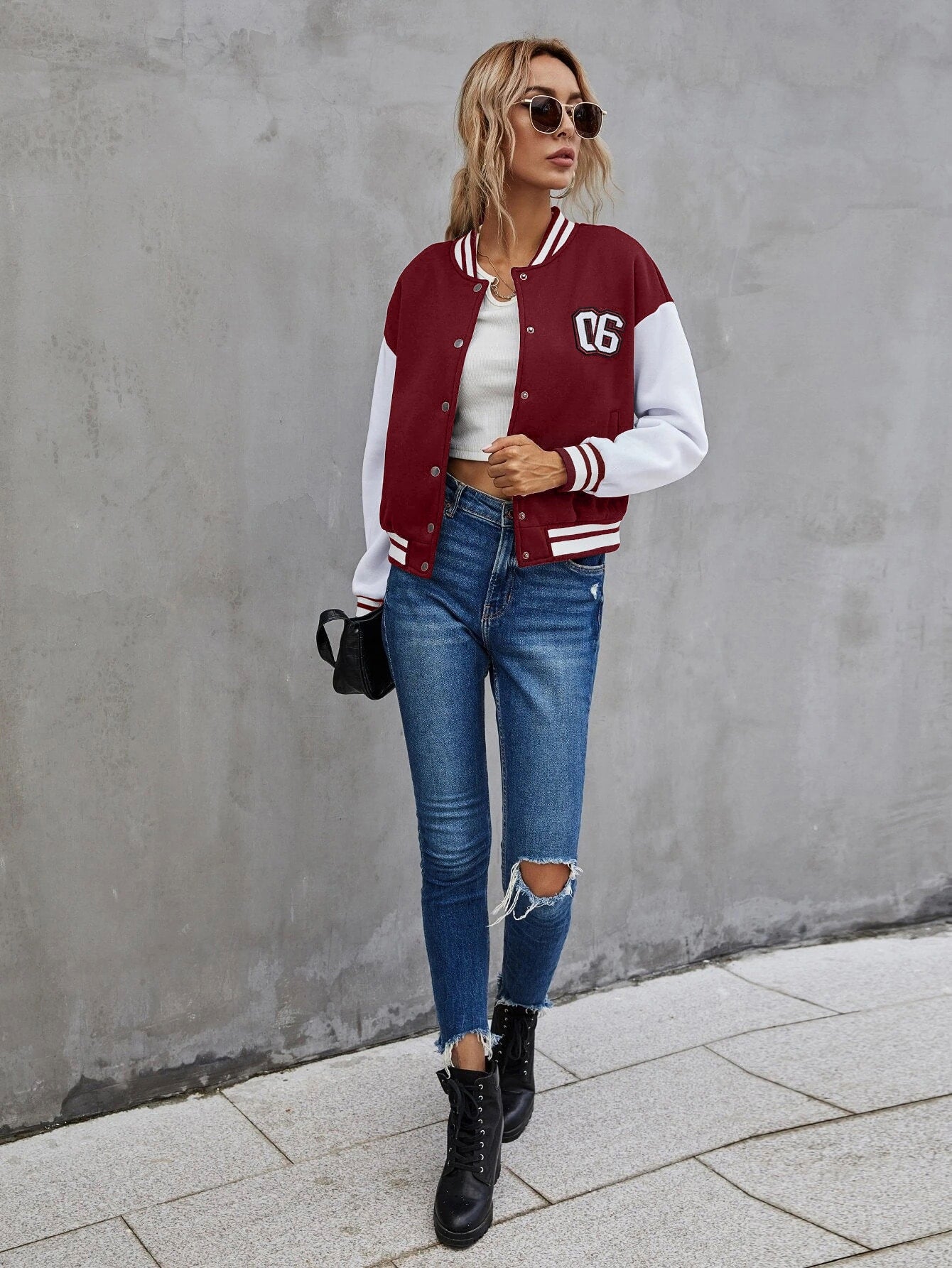 Single Breasted Number Patched Colour Block Drop Shoulder Bomber Jacket