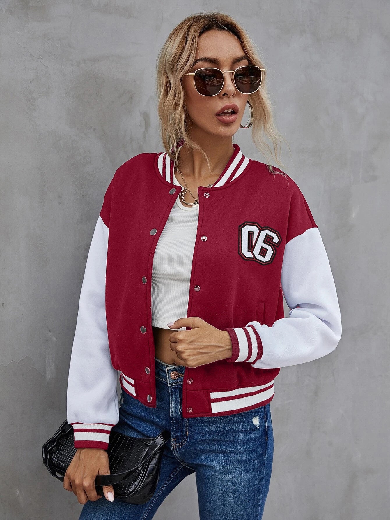 Single Breasted Number Patched Colour Block Drop Shoulder Bomber Jacket