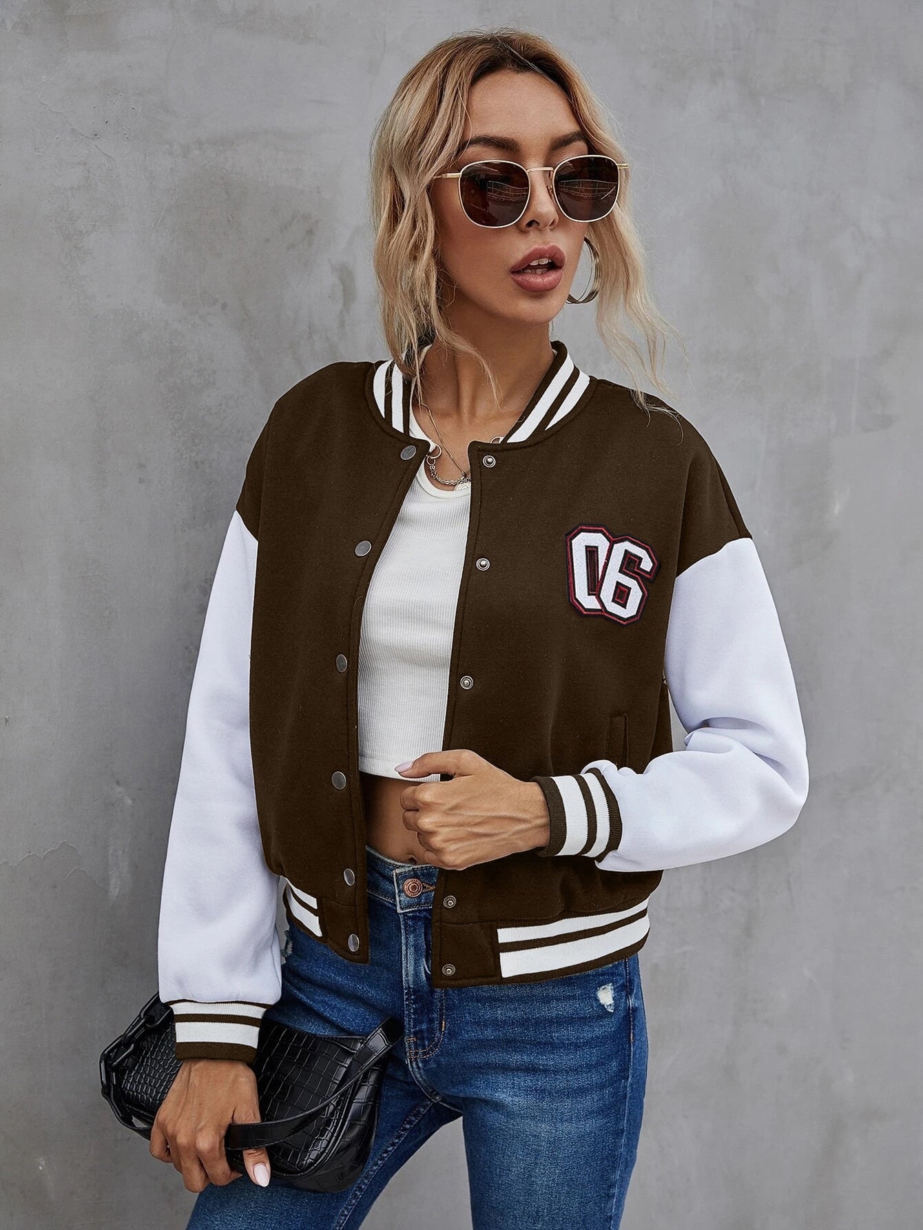 Single Breasted Number Patched Colour Block Drop Shoulder Bomber Jacket
