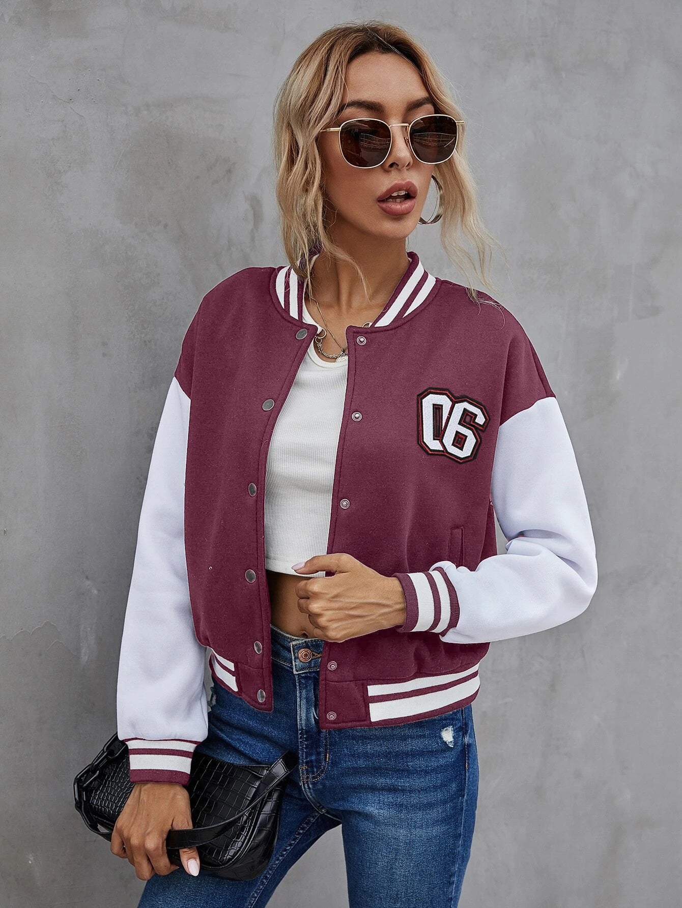 Single Breasted Number Patched Colour Block Drop Shoulder Bomber Jacket