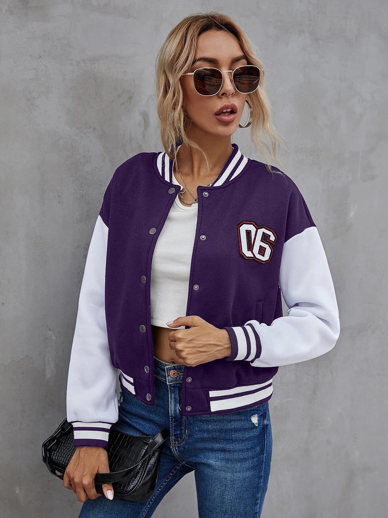 Single Breasted Number Patched Colour Block Drop Shoulder Bomber Jacket
