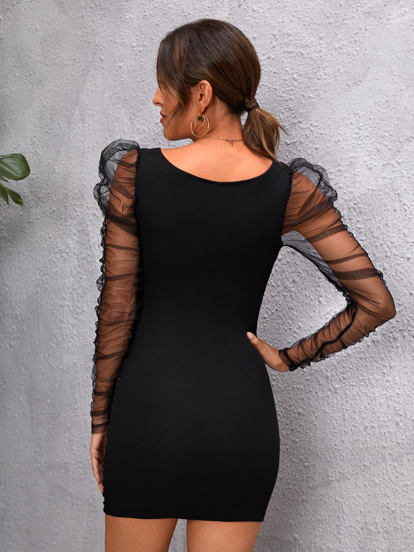 Black Square Neck Contrast Mesh Gigot Sleeve Slim Fit Dress