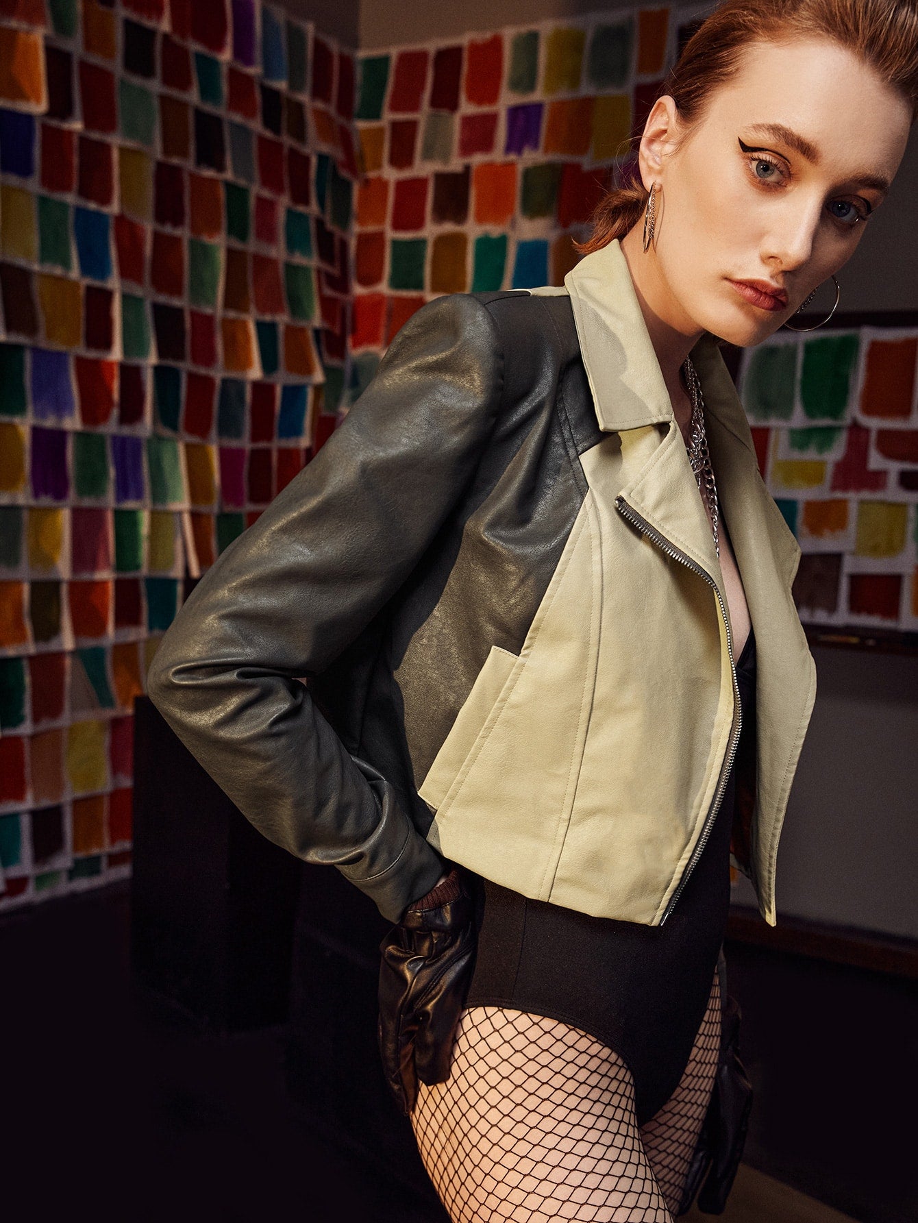 Two Tone Zip Up Crop PU Leather Biker Jacket