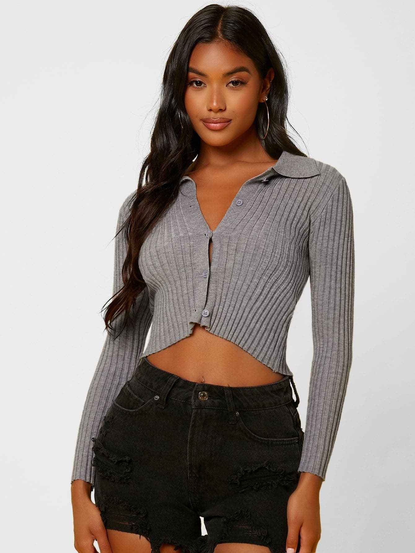 Grey Solid Collared Button Up Crop Cardigan Top