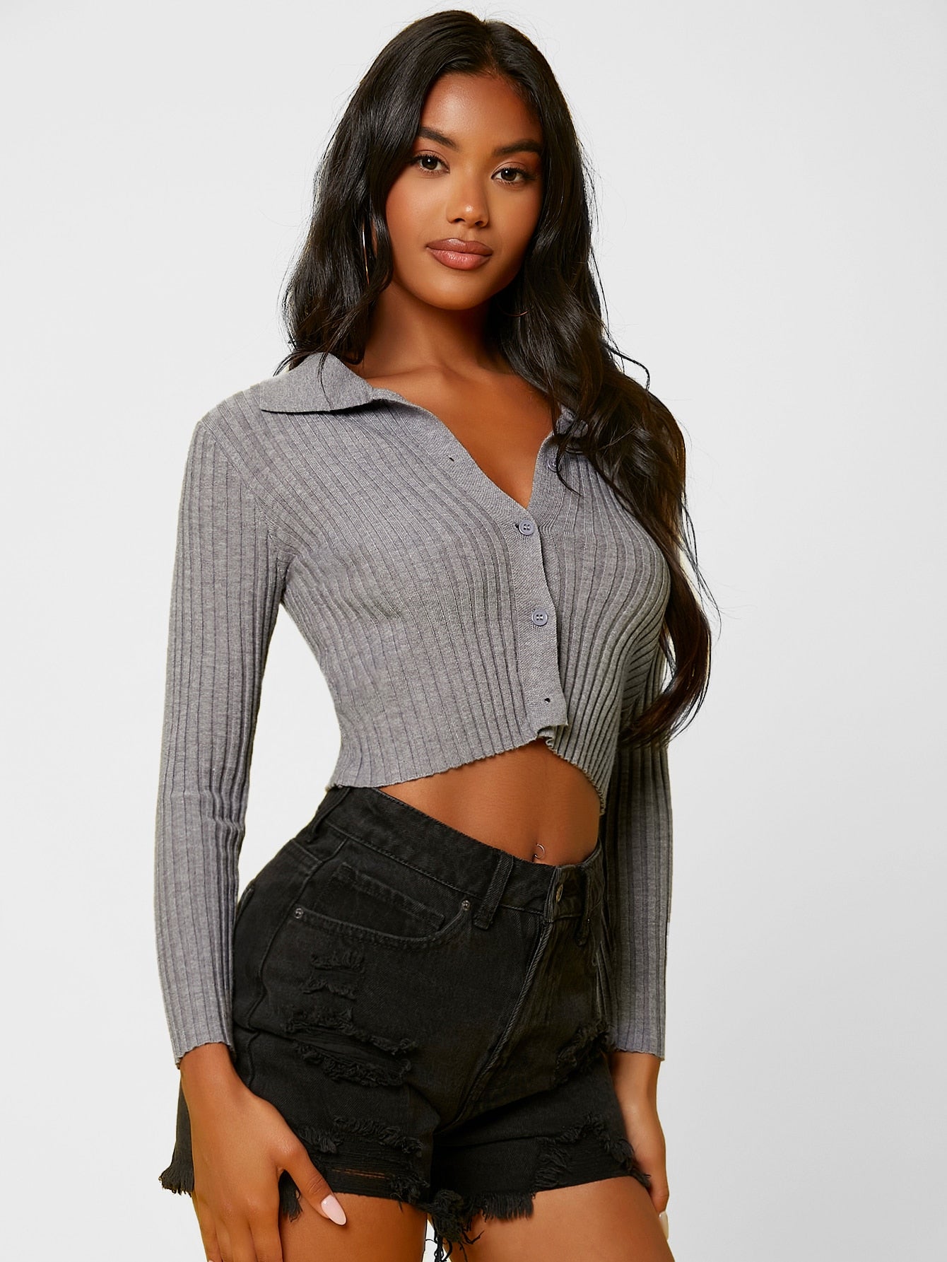 Grey Solid Collared Button Up Crop Cardigan Top