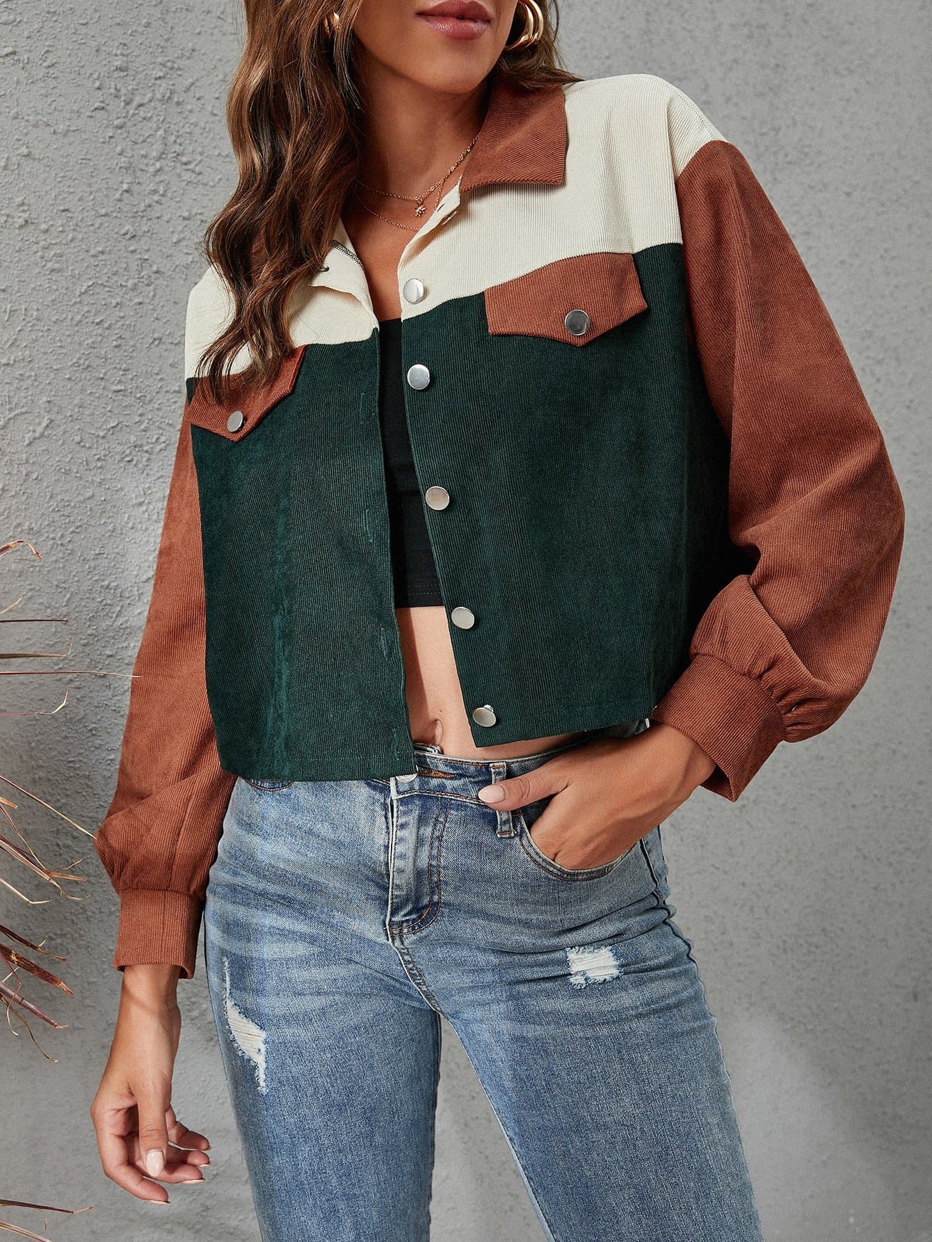Single Breasted Color Block Button Front Corduroy Jacket