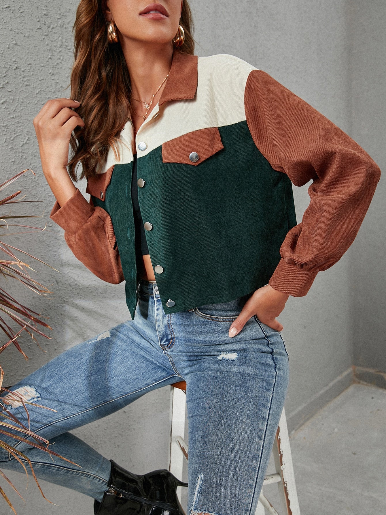 Single Breasted Color Block Button Front Corduroy Jacket