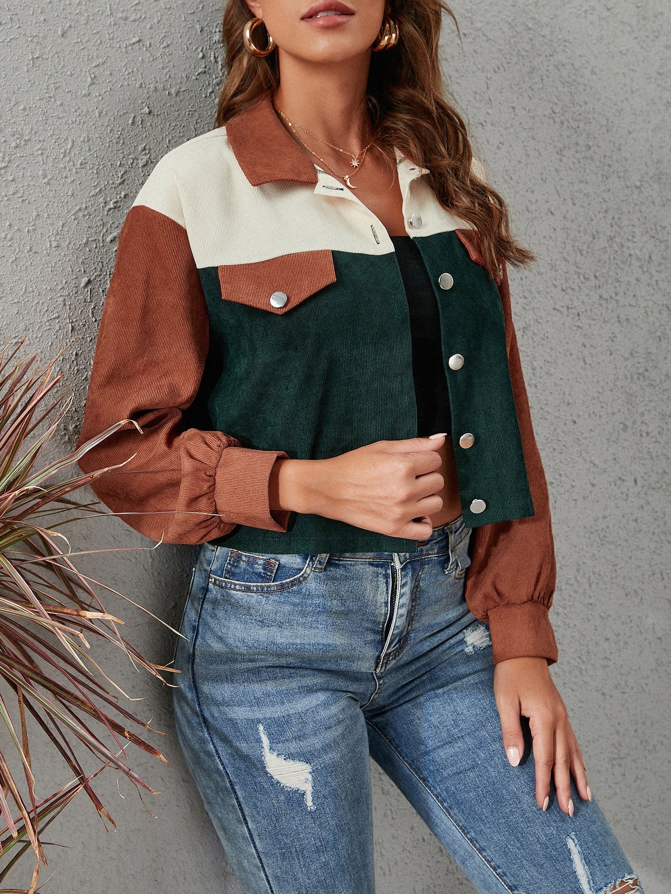 Single Breasted Color Block Button Front Corduroy Jacket