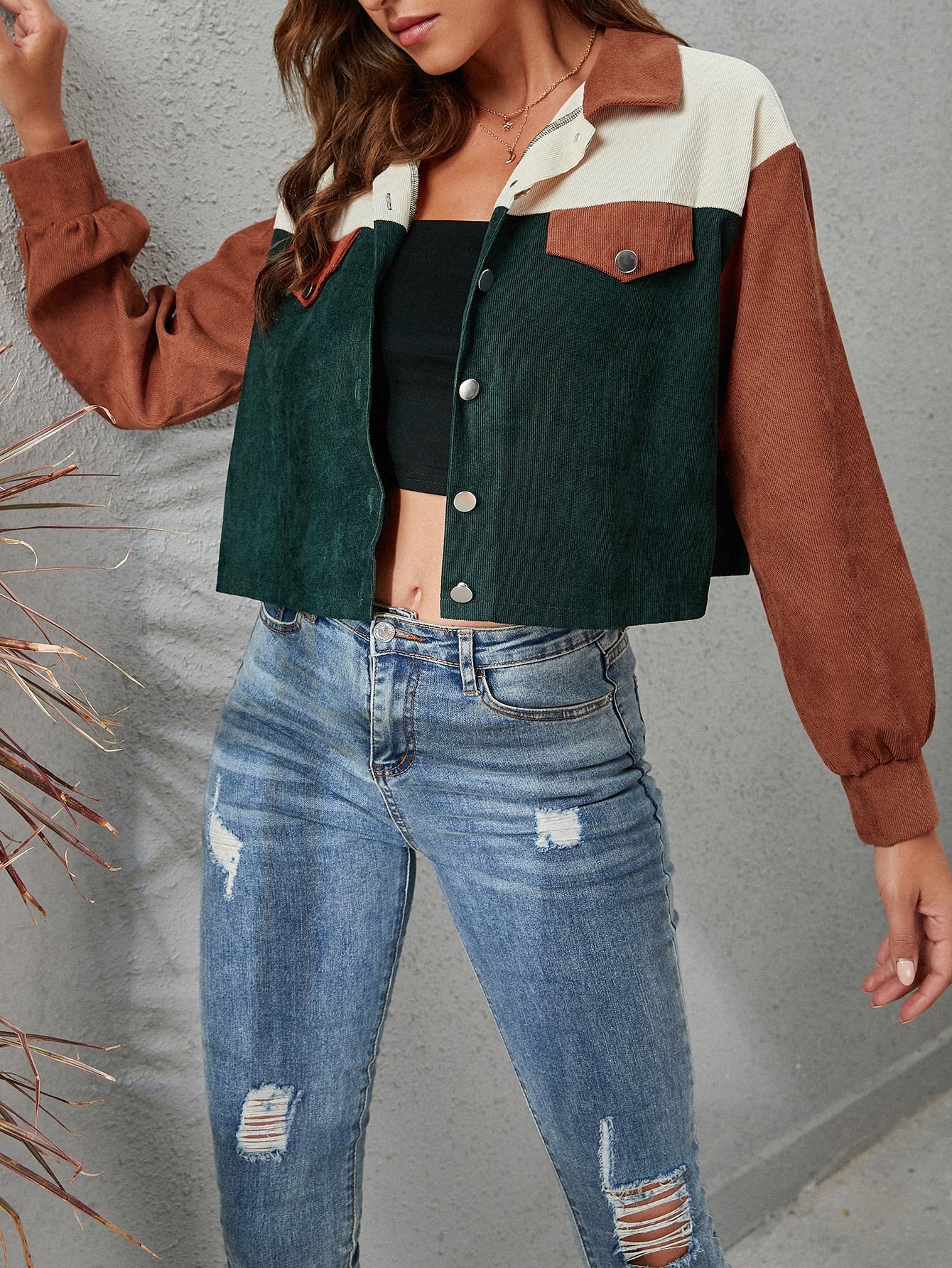 Single Breasted Color Block Button Front Corduroy Jacket