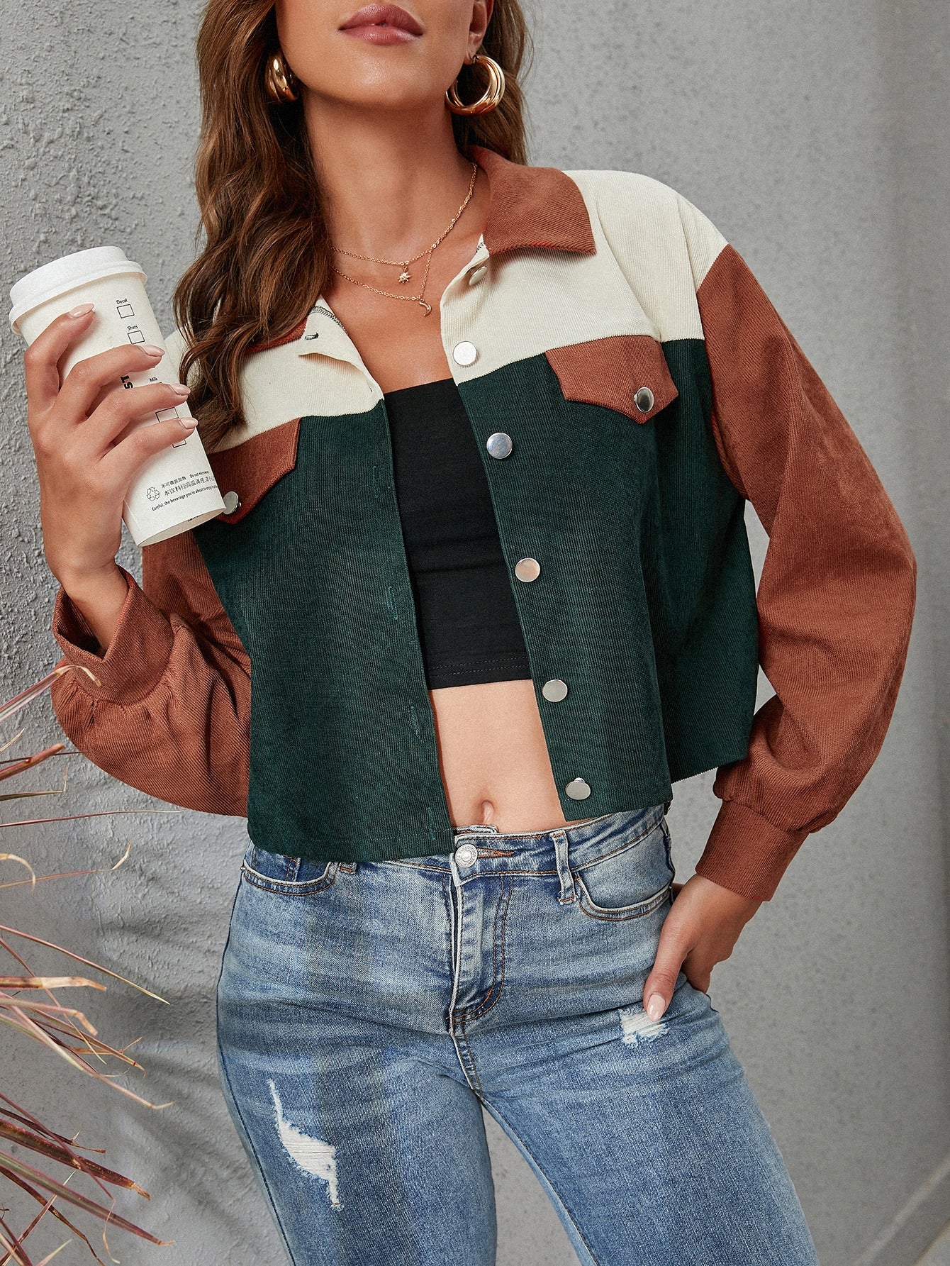 Single Breasted Color Block Button Front Corduroy Jacket