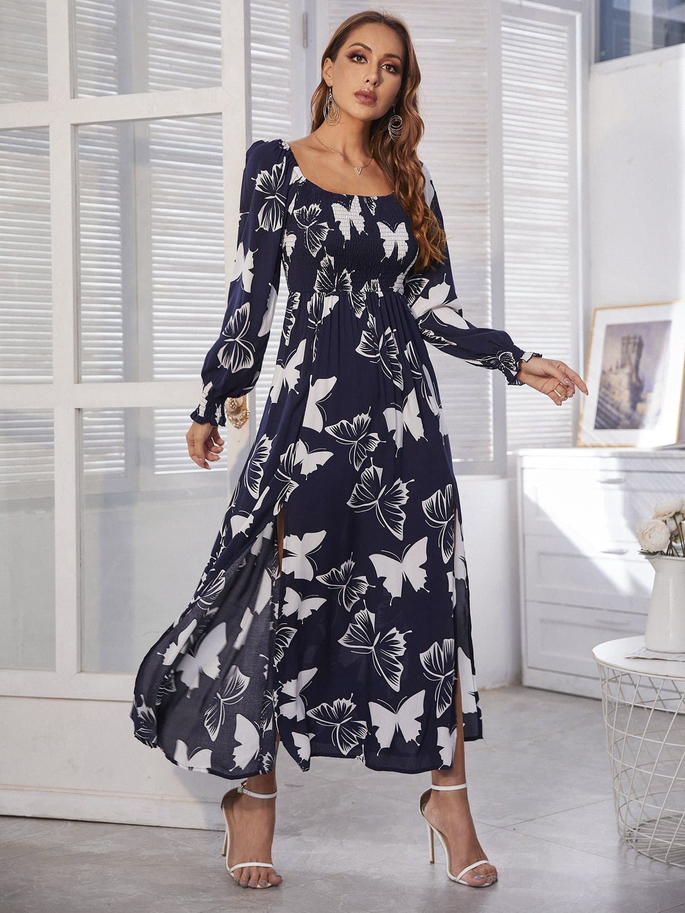 Scoop Neck Butterfly Print Shirred M-split High Waist Dress
