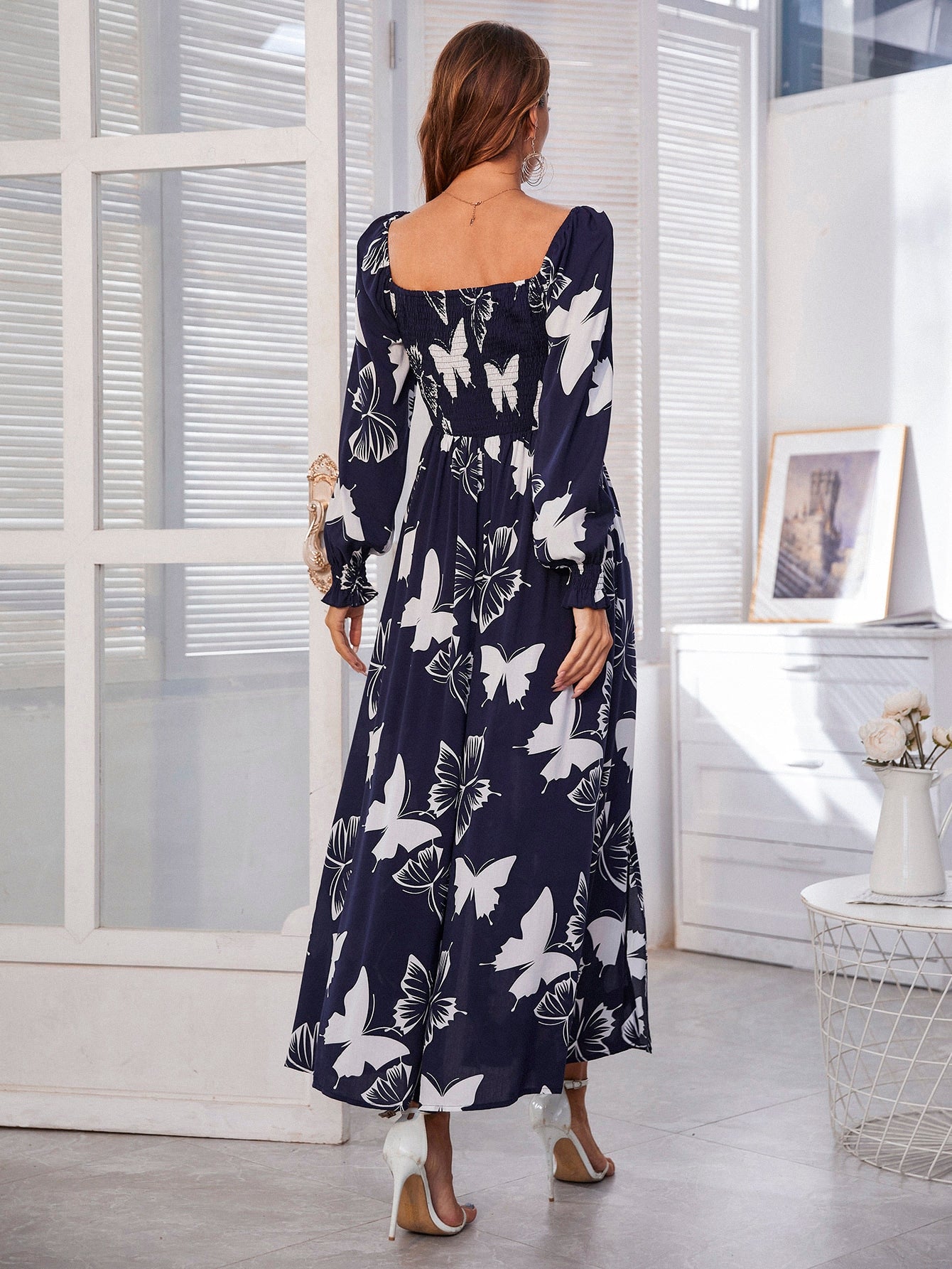 Scoop Neck Butterfly Print Shirred M-split High Waist Dress