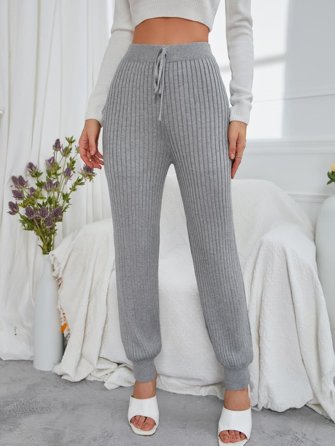 Grey Knot Front Elastic Waist Solid Sweater Pants
