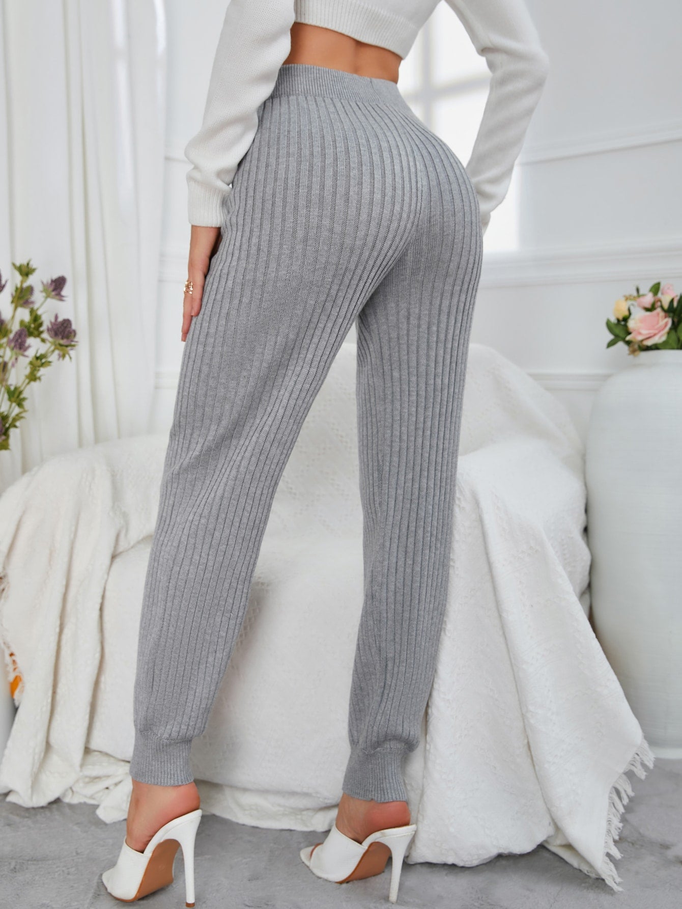 Grey Knot Front Elastic Waist Solid Sweater Pants