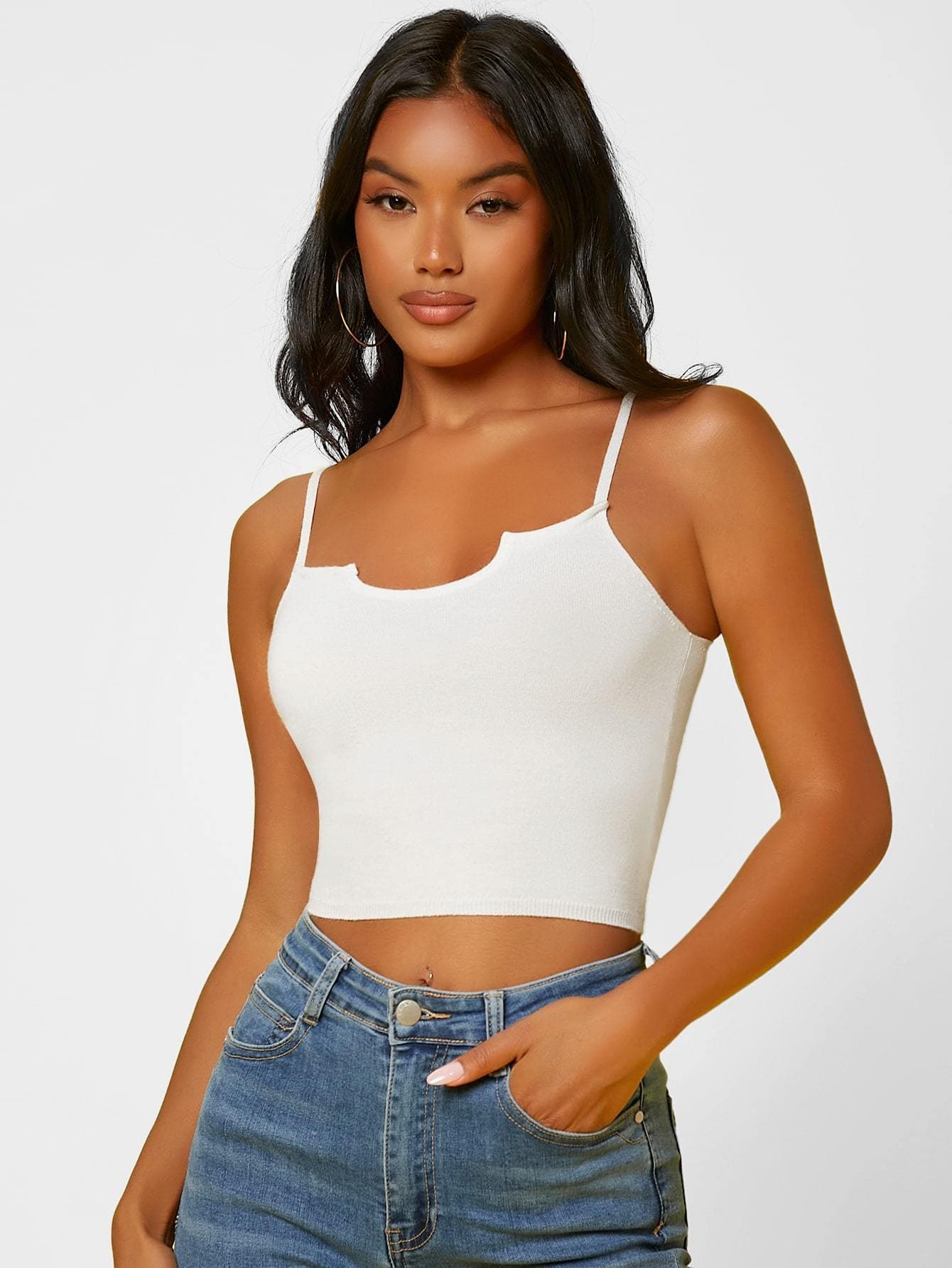 White Spaghetti Strap Sleeveless Solid Crop Cami Rib-Knit Top