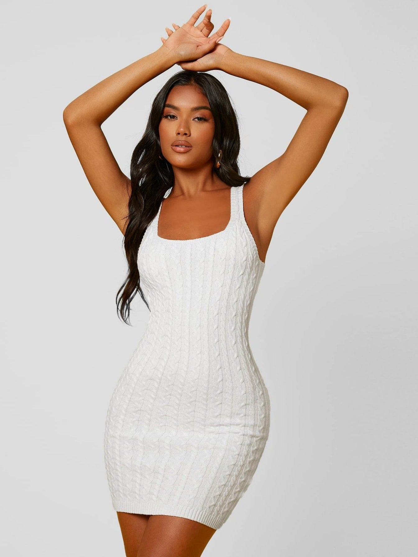 White Square Neck Cable Knit Sleeveless Slim Fit Sweater Dress